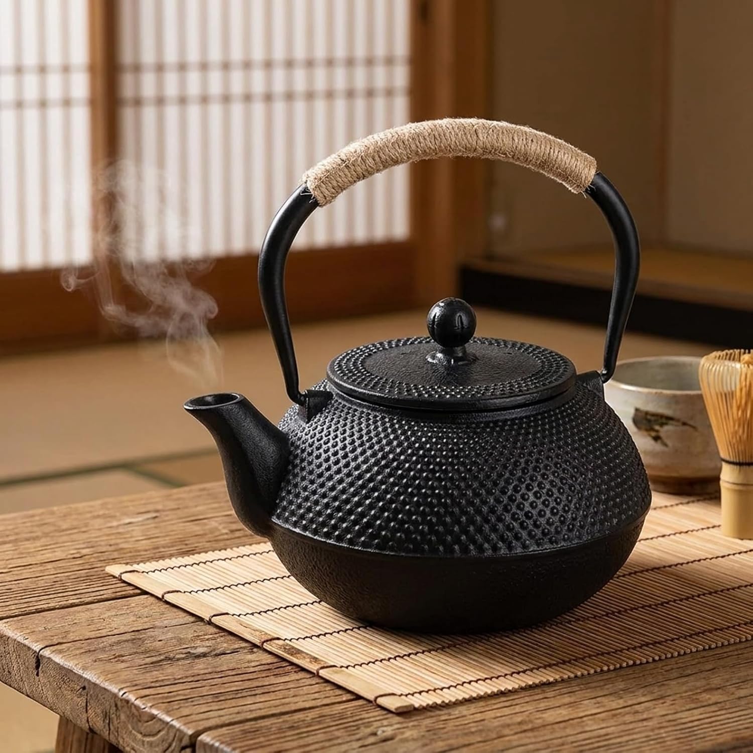 鉄瓶 電磁調理器対応 直火可 アラレ文様 やかん 急須 自宅のお茶時間 キャンプ 各種祝いのギフトに適した 和風デザイン 伝統工芸品 鋳物 茶道用 (500ml,A)