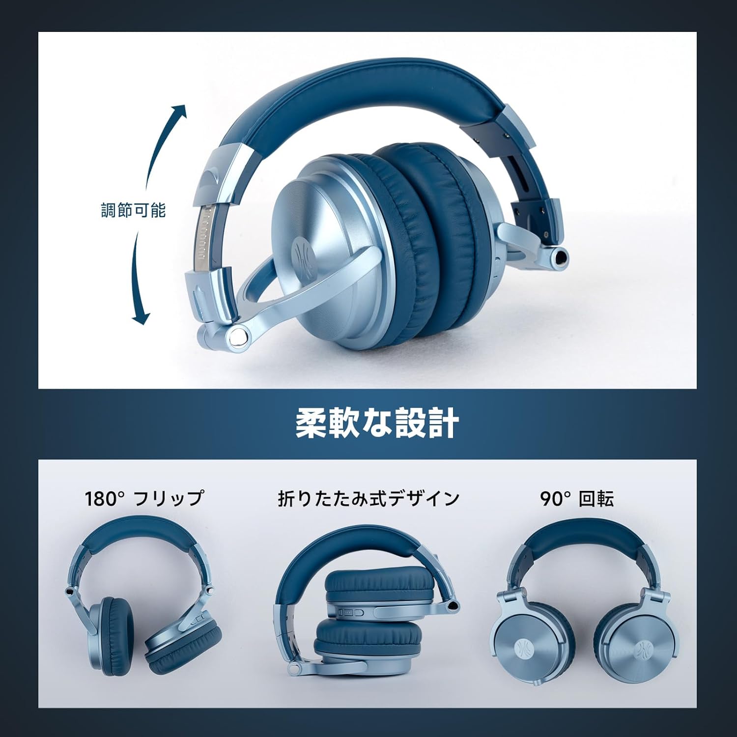 OneOdio Wireless Headphones, Up to 110 Hours of Continuous Playback, Bluetooth Headphones, Heavy Bass, Wired Hi-Res, Multi-Point Support, Built-in Microphone, Hands-Free Calling, Pro C, Blue