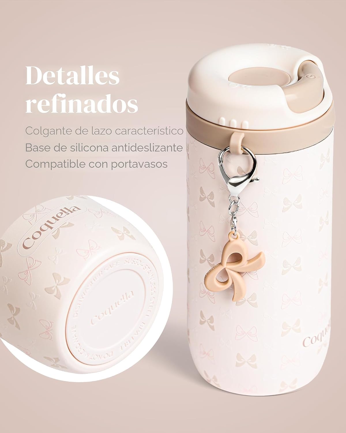 Vaso de café de acero inoxidable de 15 onzas con tapa abierta giratoria, taza de viaje aislada para café helado, infusión fría y bebidas calientes, a prueba de fugas, sin BPA, apto para portavasos, crema con lazo