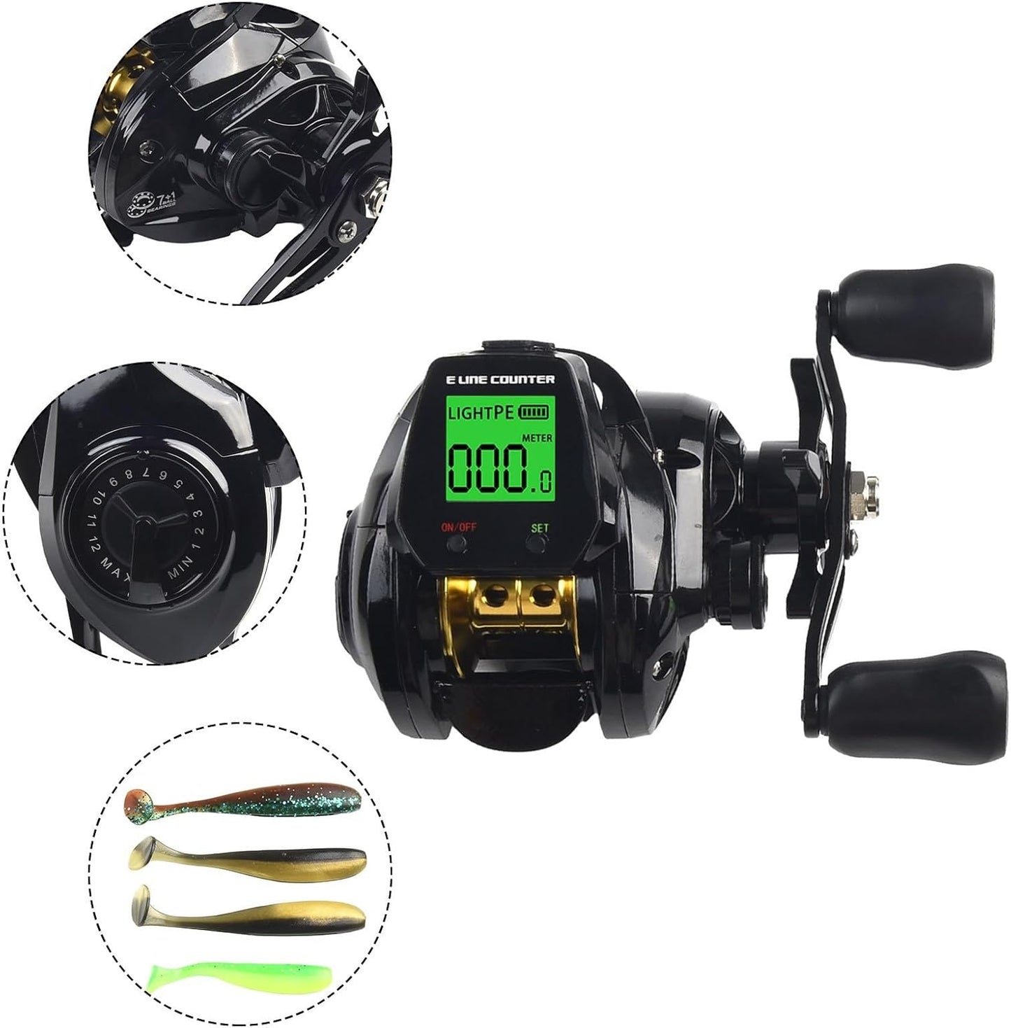 Digital Display Bait Reel 7.2:1 Gear Ratio, Fishing Reel, Bite Alarm Function, Depth Counter, 10 Adjustable Magnetic Brakes, Left/Right Winding, USB Rechargeable, Aluminum Alloy, Maximum Drag Force