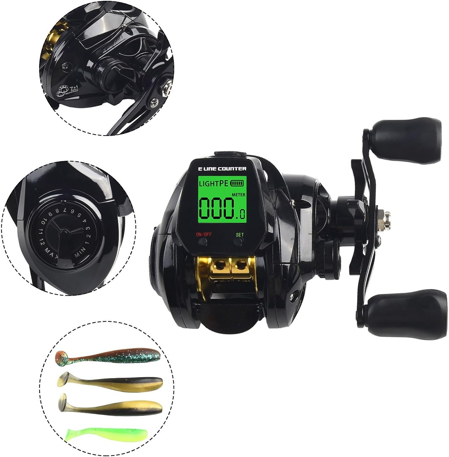 Digital Display Bait Reel 7.2:1 Gear Ratio, Fishing Reel, Bite Alarm Function, Depth Counter, 10 Adjustable Magnetic Brakes, Left/Right Winding, USB Rechargeable, Aluminum Alloy, Maximum Drag Force