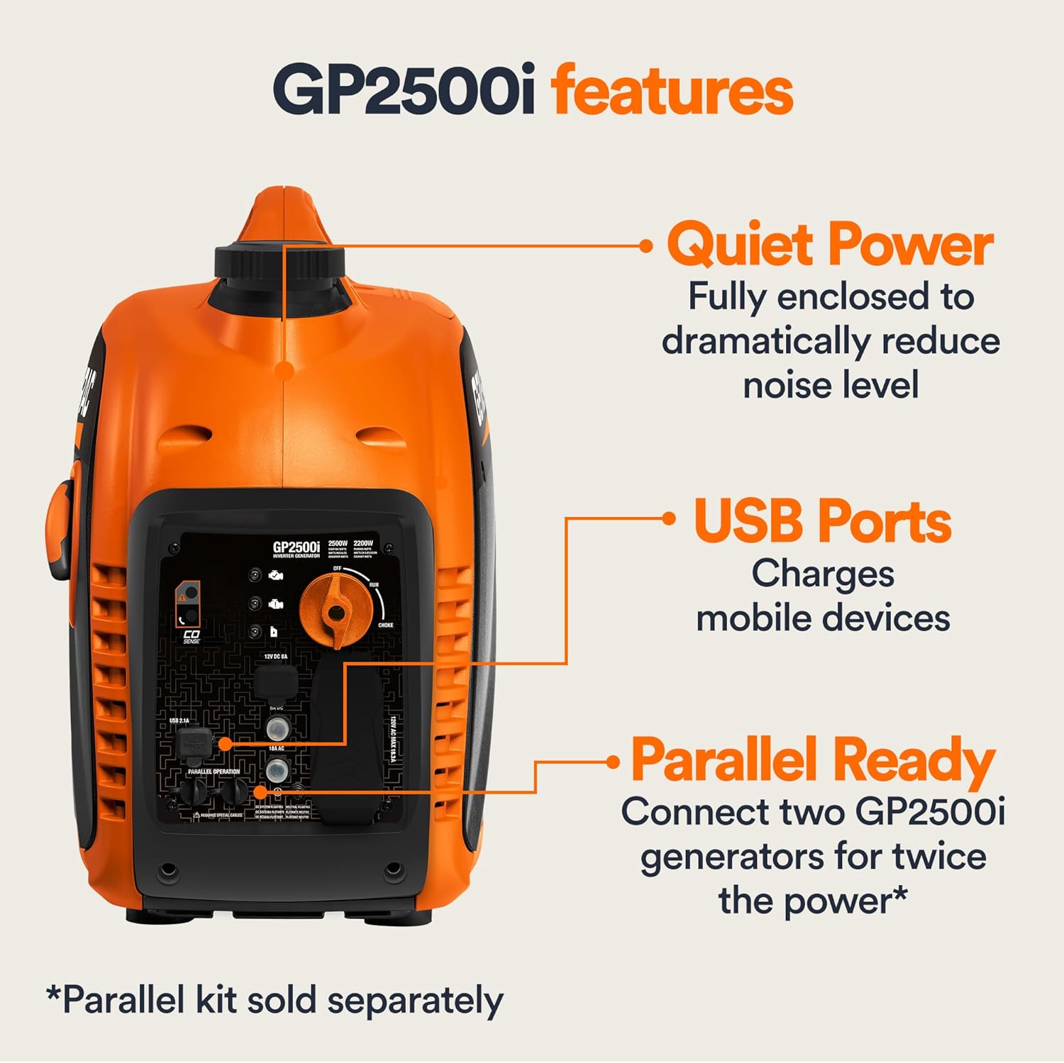 Generac 8251 GP2500i 2,500 Watt Gas Powered Portable Inverter Generator - Compact and Lightweight Design - Produces Clean and Stable Power - COsense Technology - CARB Compliant - Orange/Black