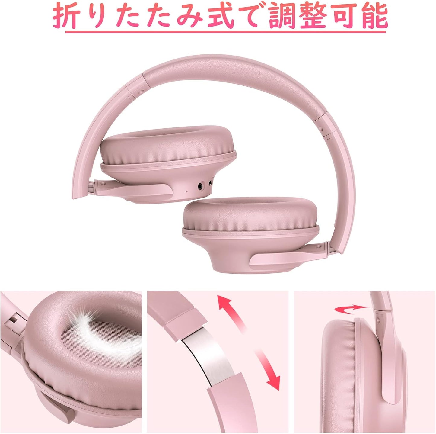 KVIDIO Wireless Headphones, Bluetooth 6.0, 65 Hours Playback, 1.6 inches (40 mm), HD Driver Unit, Over-Ear Headphones, Built-in Mic, Headphones, Wired Wireless, Dual Use, Noise Isolation, Sealed Type, Hands-free Calling, Bluetooth Headphones, Black (Pink)
