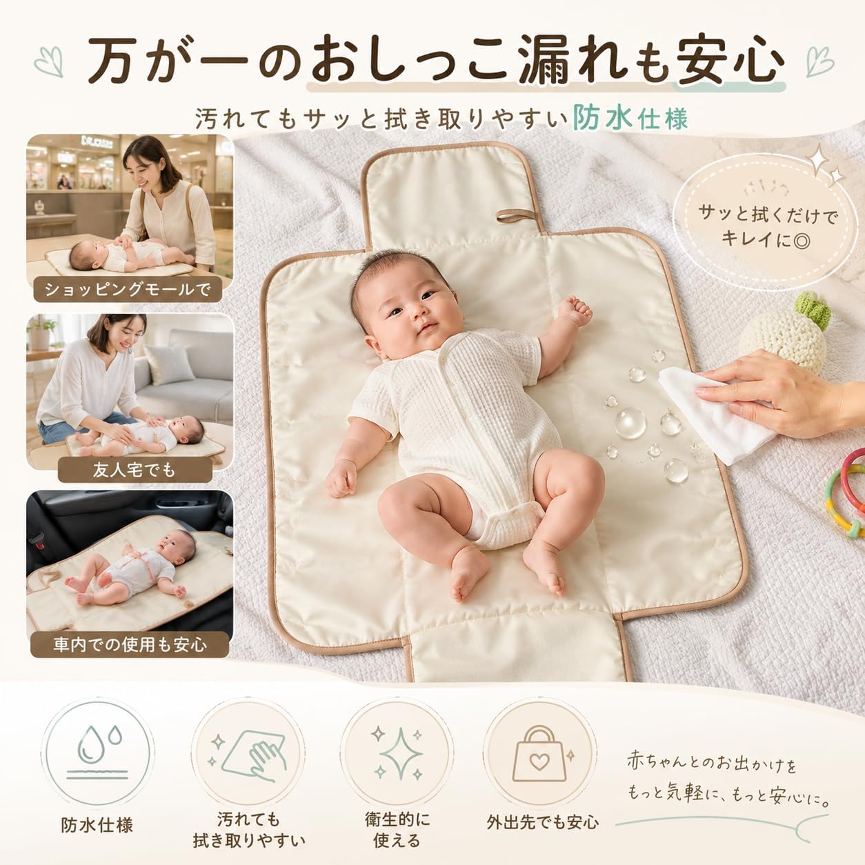 Diaper Changing Mat, Diaper Changing Sheet, Waterproof, Cotton, Gentle on Baby's Skin, Portable, Compact, Foldable, Cute (Off-White Squirrel), One Size Fits Most