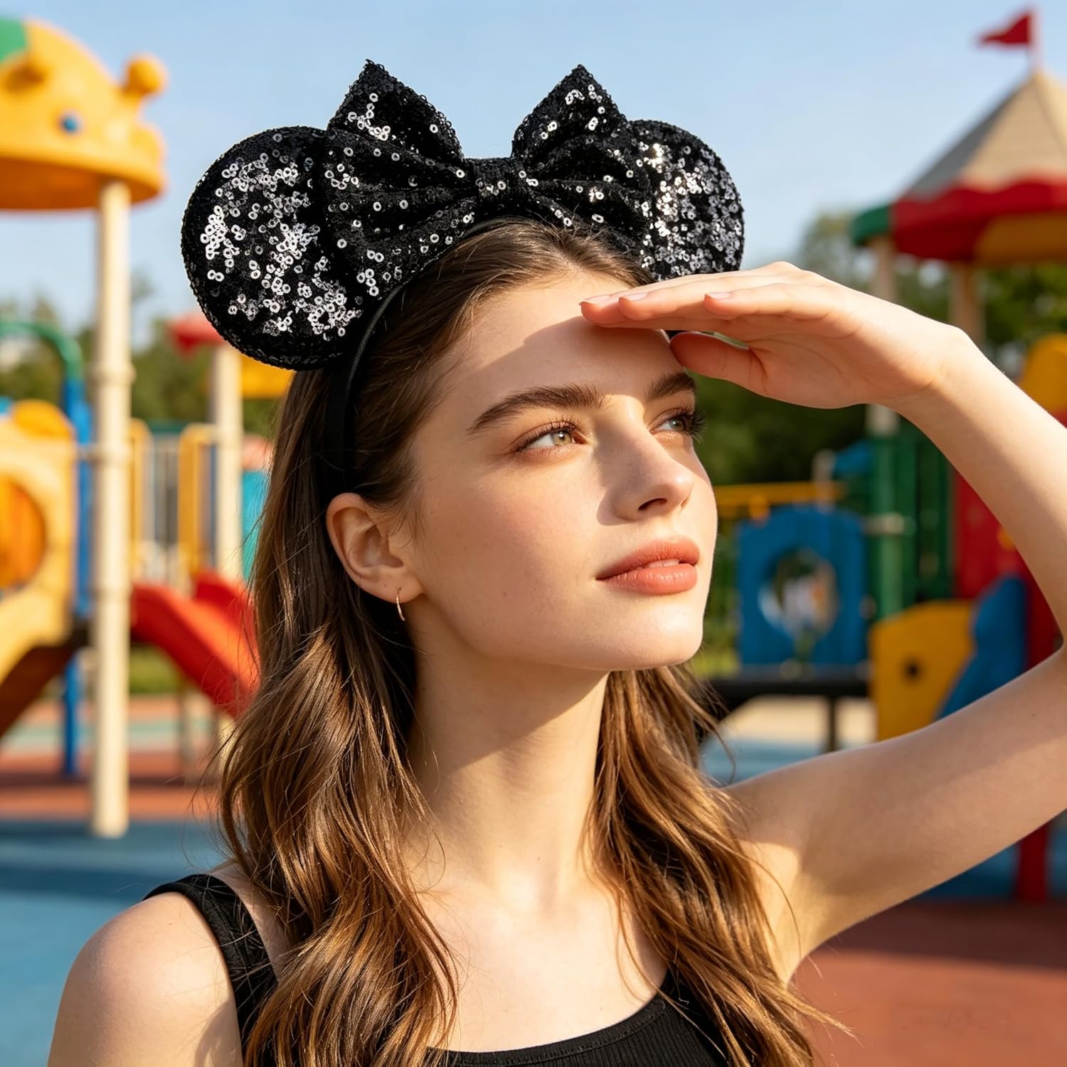bianbaistar Orejas de ratón brillantes, diadema clásica de lentejuelas negras para adultos y otros usuarios encantadores, accesorio para fiestas de vacaciones o parque de atracciones
