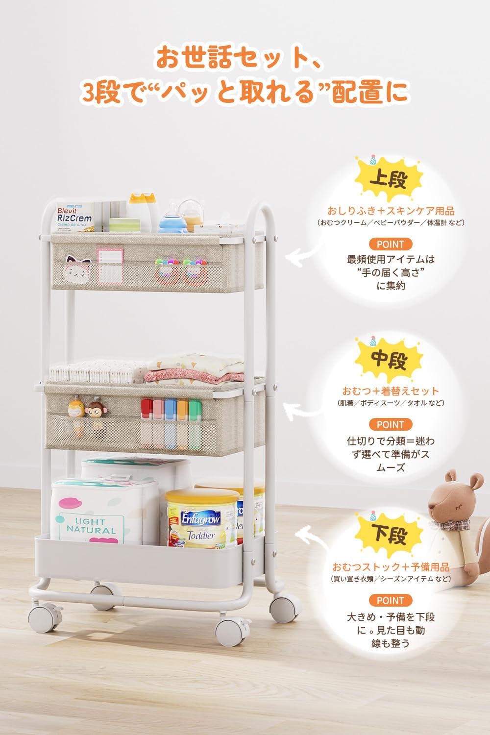 Diaper Stocker, Baby Supplies, Storage Wagon, 3 Tiers, With Casters, For Labor Preparation, Baby Supplies, Diaper Bag Organization, Includes Removable Dividers, Convenient to Move, Multifunctional, For Cribs, Large Capacity, Nursery Storage (Black)