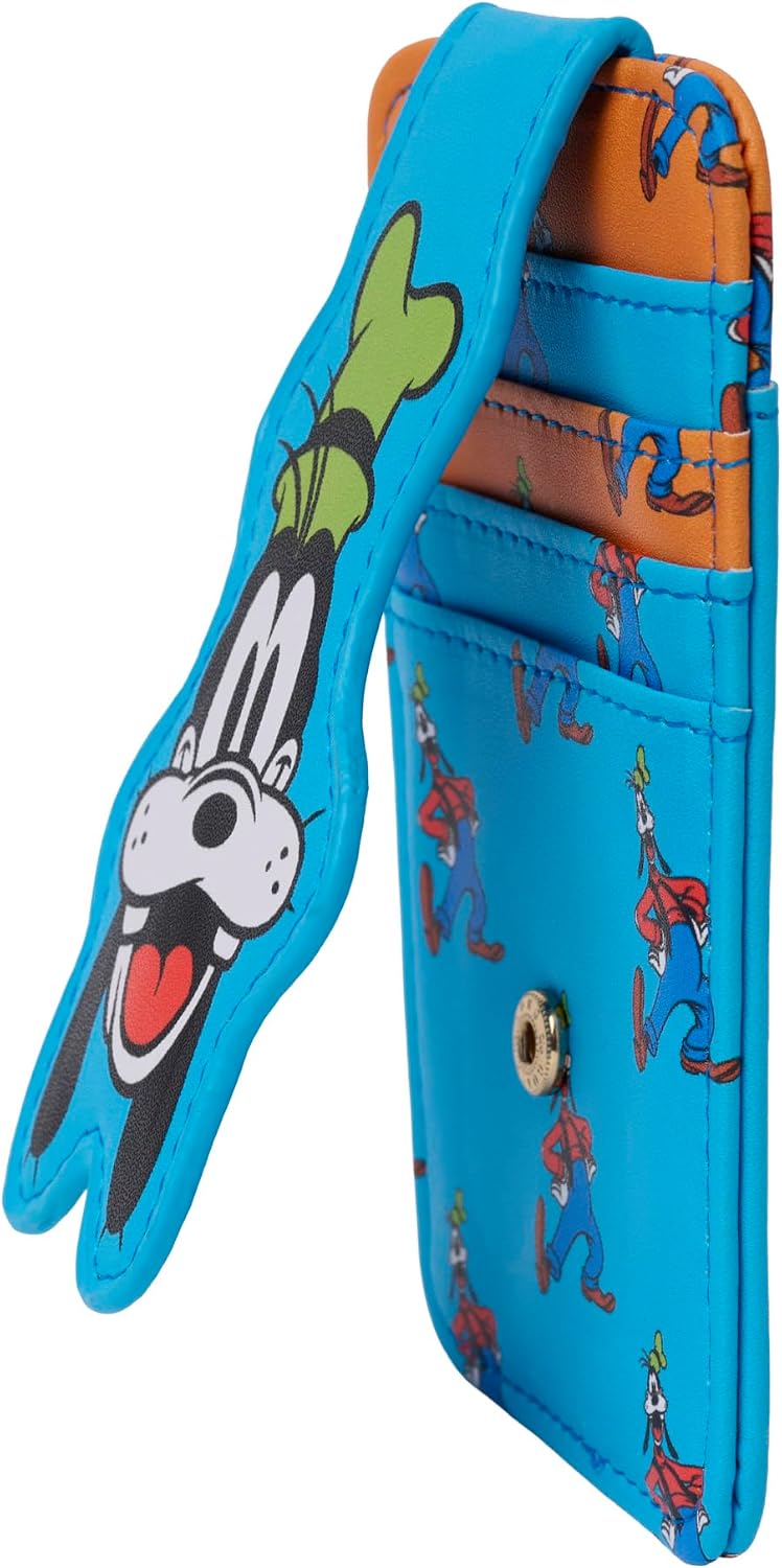 Disney Tarjetero para mujer, delgado y compacto, cartera de crédito, pequeño broche de presión, novedad de viaje, Goofy Azul Naranja | Small