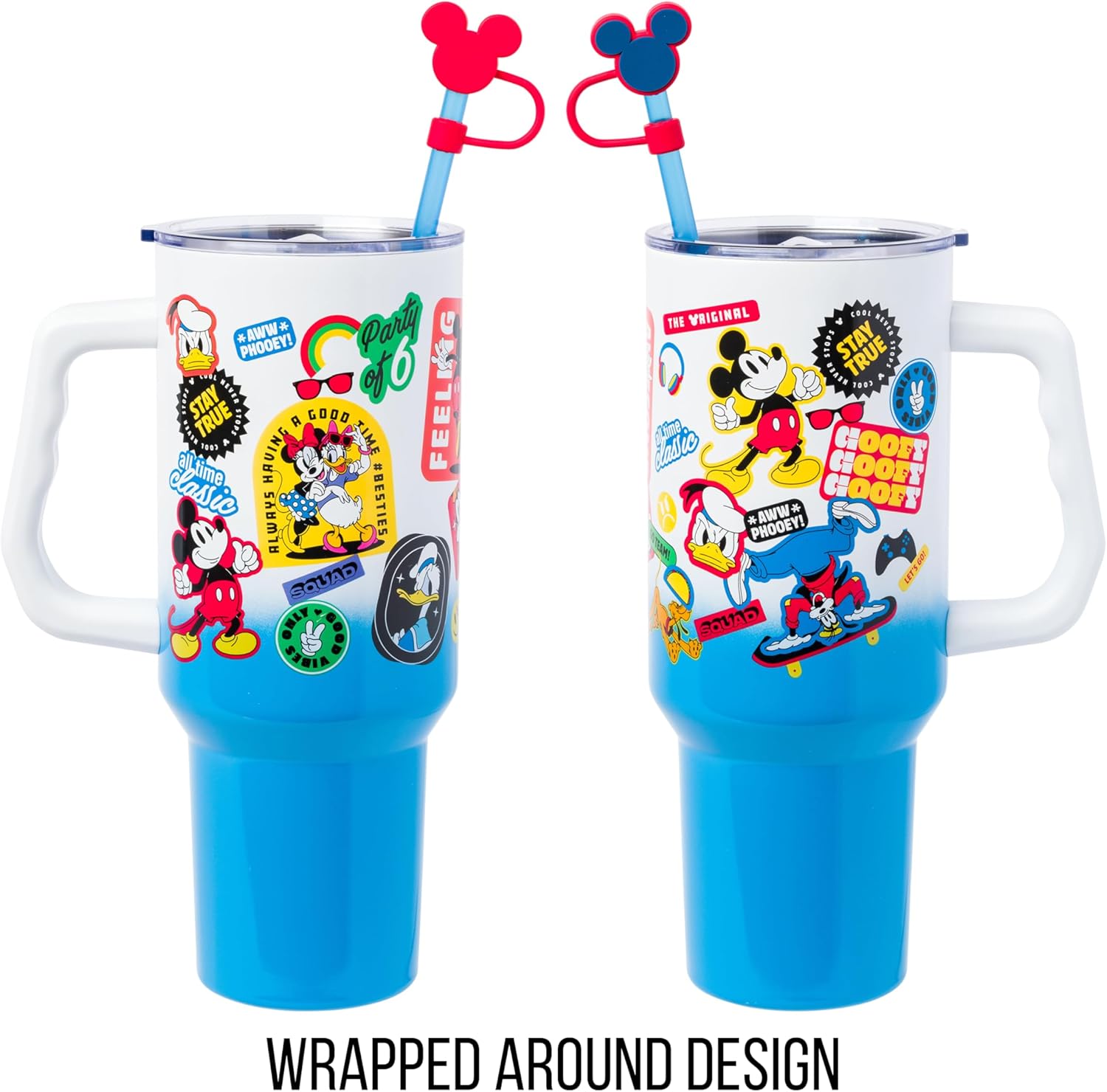 Silver Buffalo Disney Mickey and Friends Daisy, Donald Duck, Goofy, Pluto, Minnie Decals - Vaso de acero inoxidable de doble pared con asa, popote y tapa con pajilla, cabe en portavasos estándar, 40