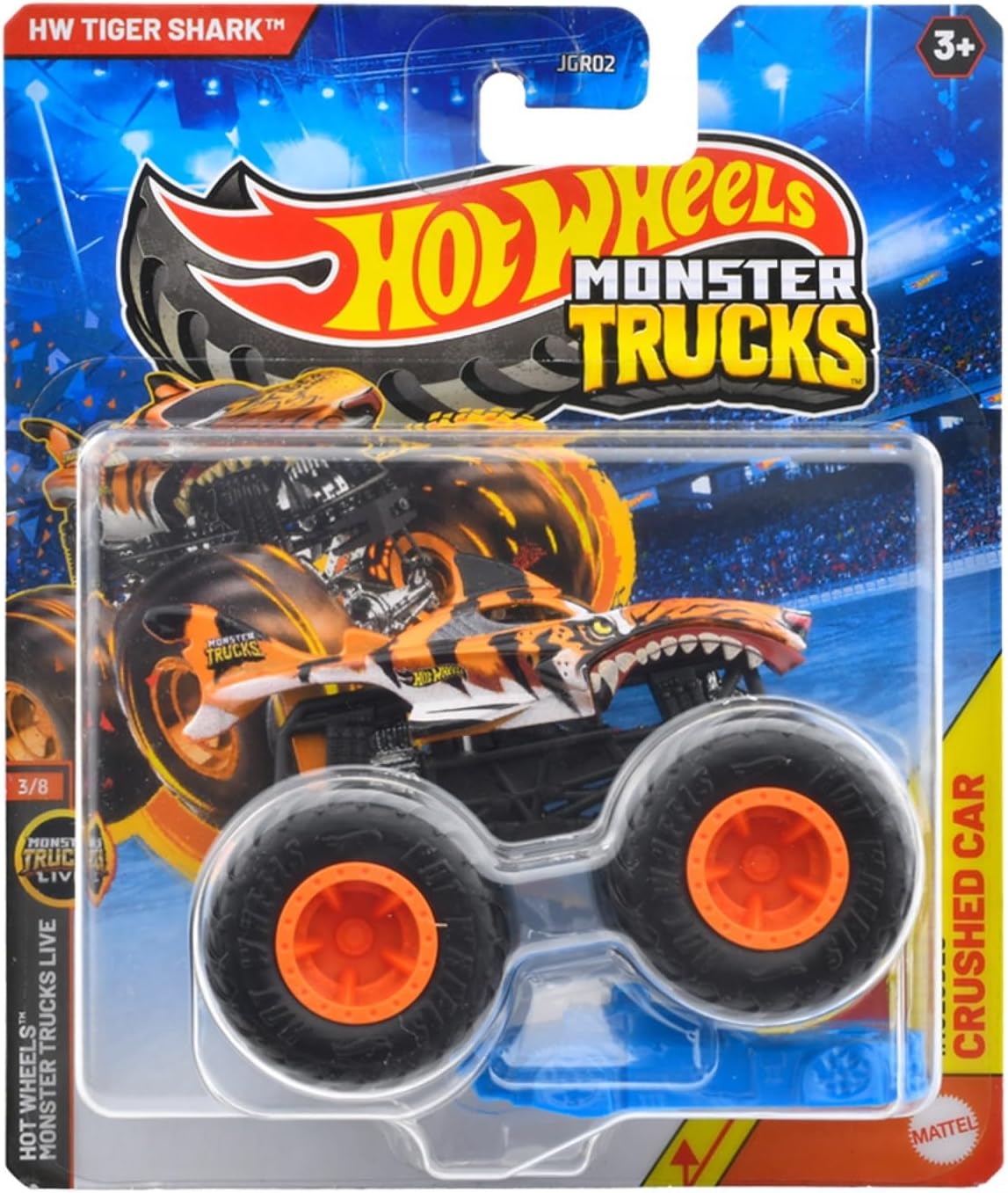 Hot Wheels Monster Truck 1:64 Tiger Shark Ride-On Toy Mini Car, Ages 3 and Up, Orange JGR02