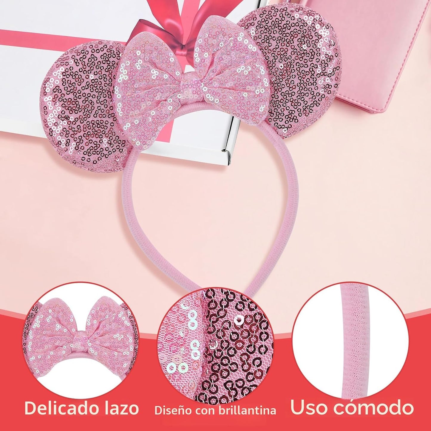 Paquete de 2 diademas de orejas de ratón rosa y morado para mujeres y niñas, diadema de lazo de lentejuelas para cosplay, disfraz de cumpleaños, decoración de fiesta de cumpleaños, accesorios para el cabello