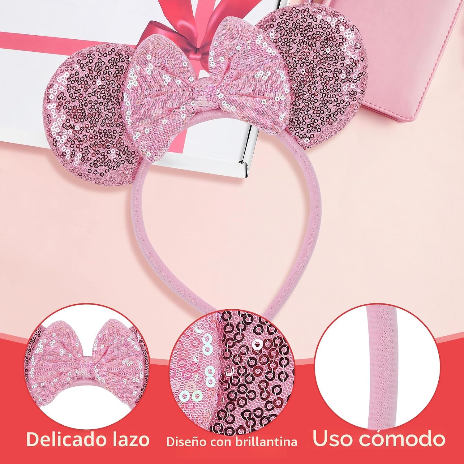 Paquete de 2 diademas de orejas de ratón rosa y morado para mujeres y niñas, diadema de lazo de lentejuelas para cosplay, disfraz de cumpleaños, decoración de fiesta de cumpleaños, accesorios para el cabello