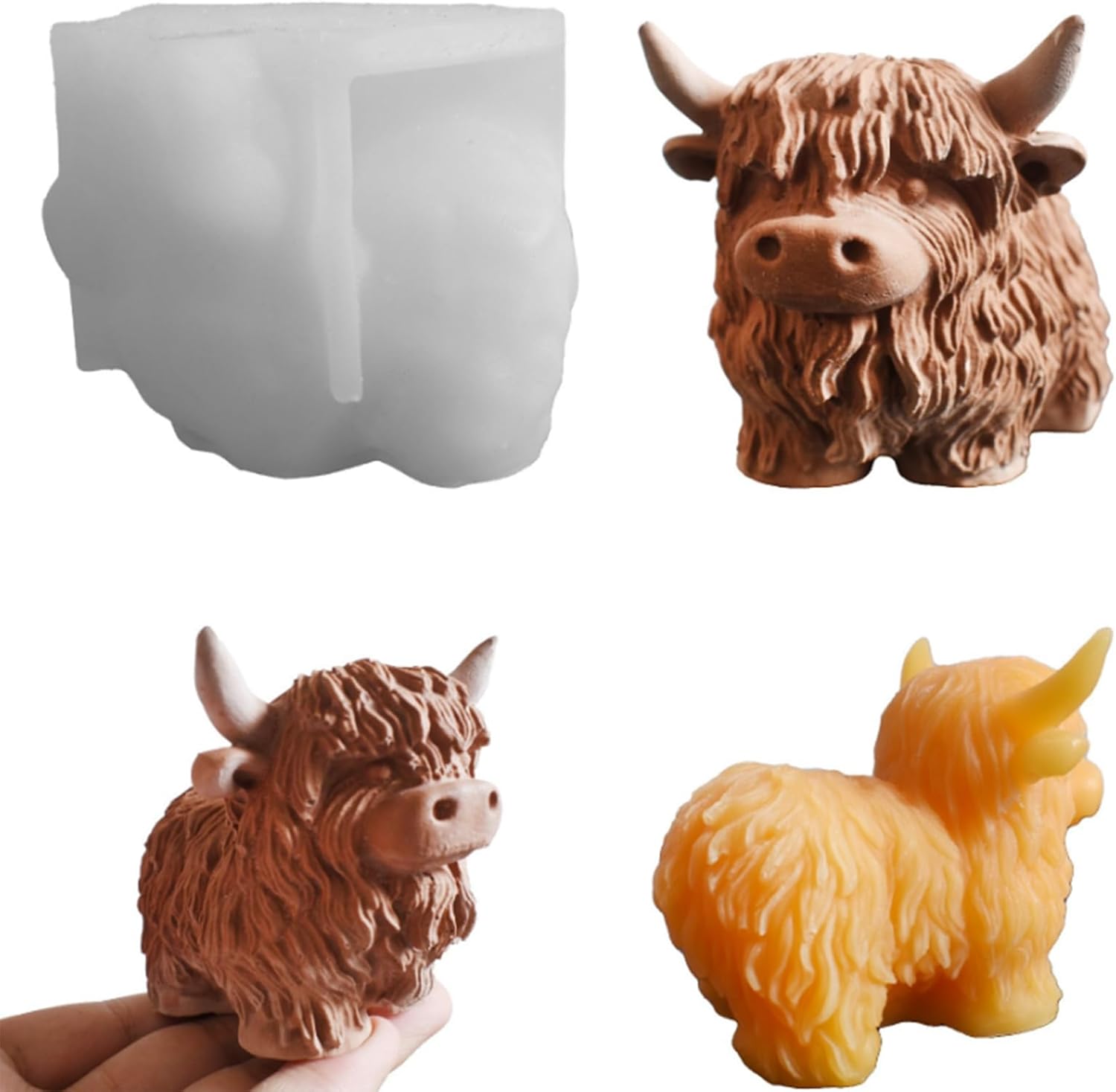 シリコン アニマル型 型抜き - ハイランドカウ 可愛い シリコン型 - 耐熱性 柔軟 再利用可能 3D 牧場動物 キャンドル チョコレート 焼き菓子 ケーキ 手芸用型
