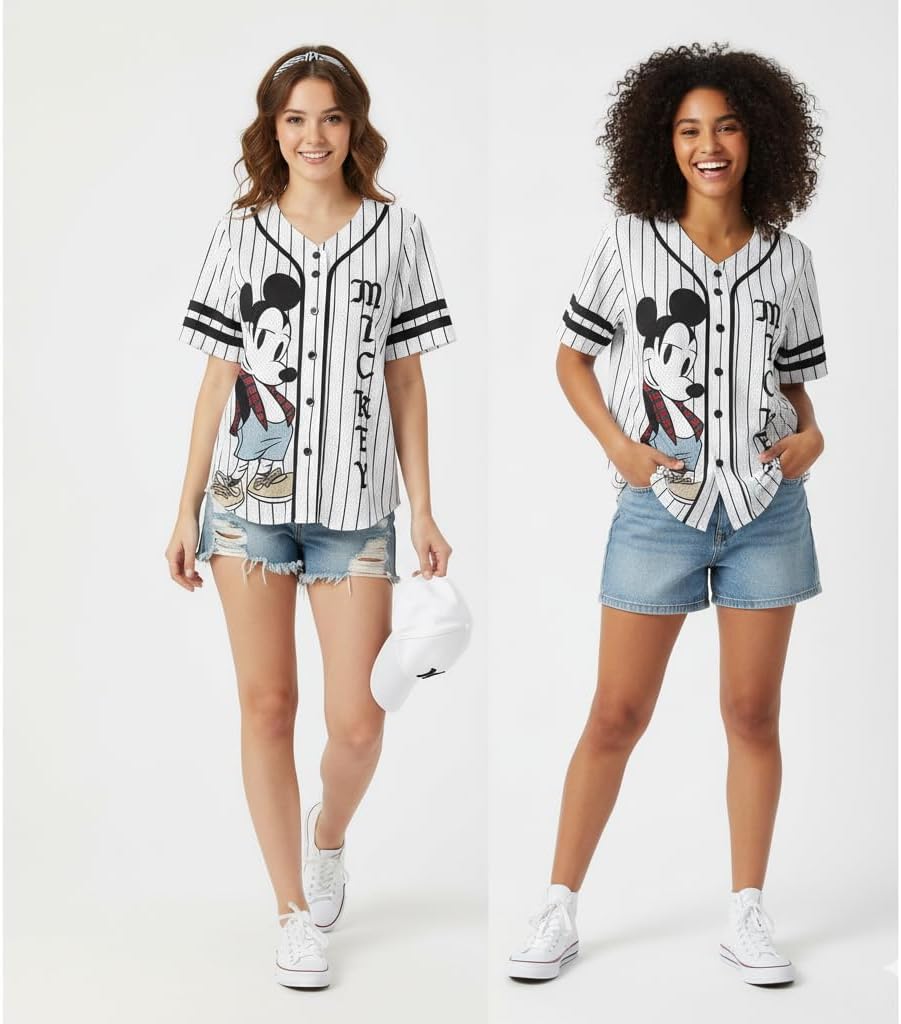 Disney Camiseta de béisbol con botones de Mickey Mouse y Pluto para mujer