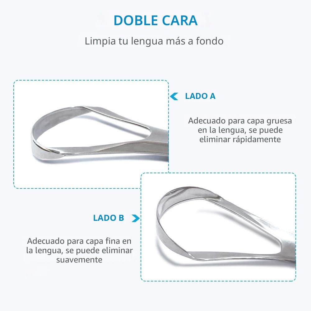 Cafhelp Paquete de 2 raspadores de lengua, 100% acero inoxidable quirúrgico 304, limpiador de lengua para adultos y niños, raspadores de lengua metálicos profesionales para reducir el mal aliento