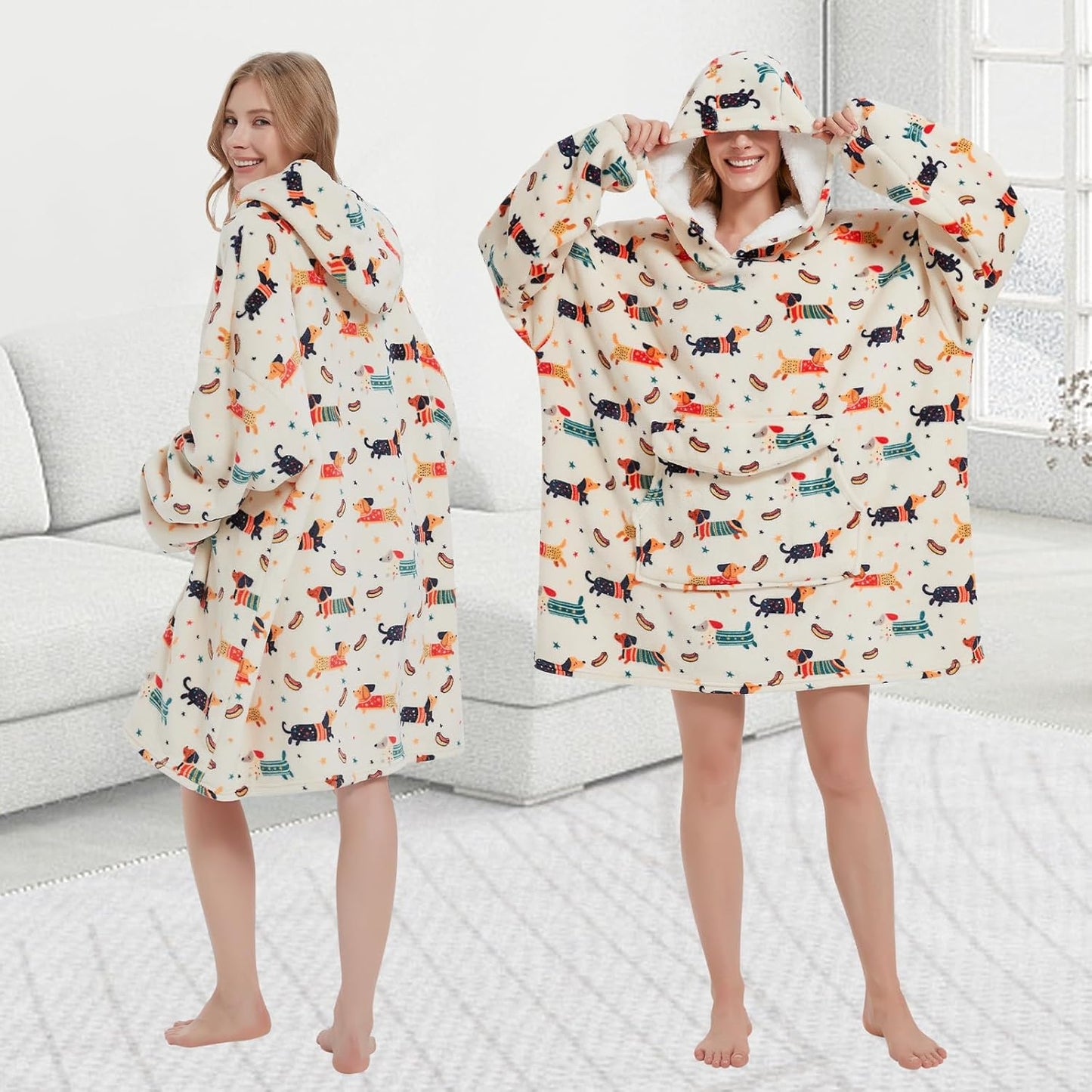 Mewkou - Manta con capucha portátil para adultos, manta con capucha de forro polar sherpa de gran tamaño para mujeres y hombres, Dachshund
