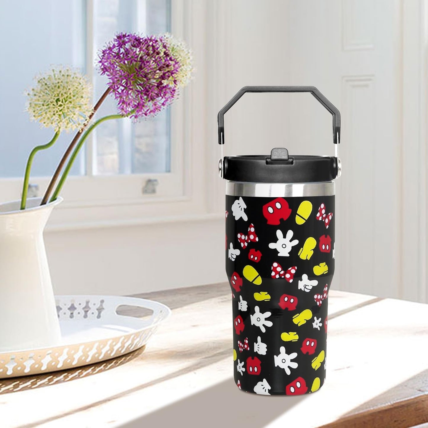 Taza de dibujos animados de ratón de 20 oz con tapa y popote abatible de acero inoxidable aislado con asa superior en la parte superior, color negro, taza de café para viajes - Regalo de