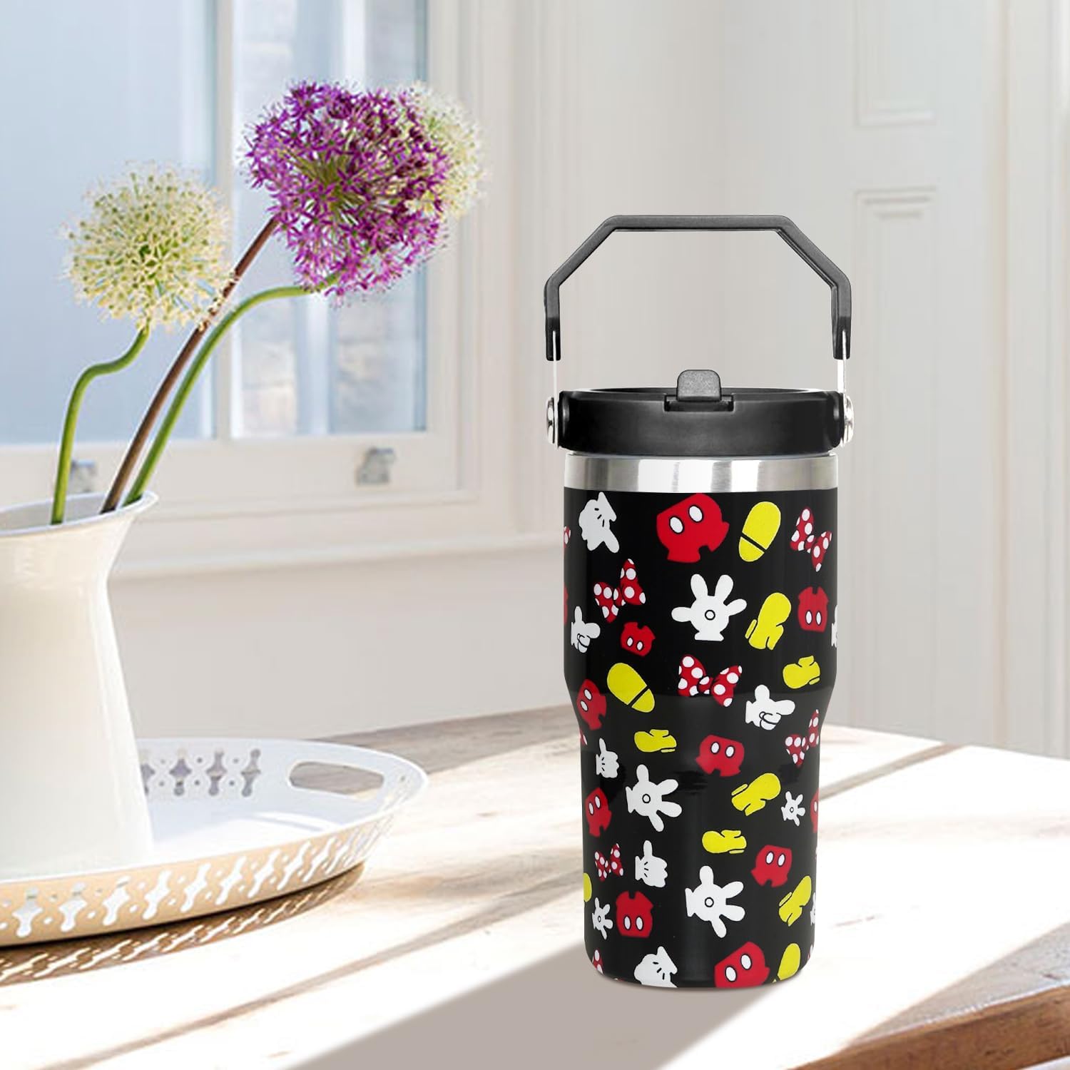 Taza de dibujos animados de ratón de 20 oz con tapa y popote abatible de acero inoxidable aislado con asa superior en la parte superior, color negro, taza de café para viajes - Regalo de