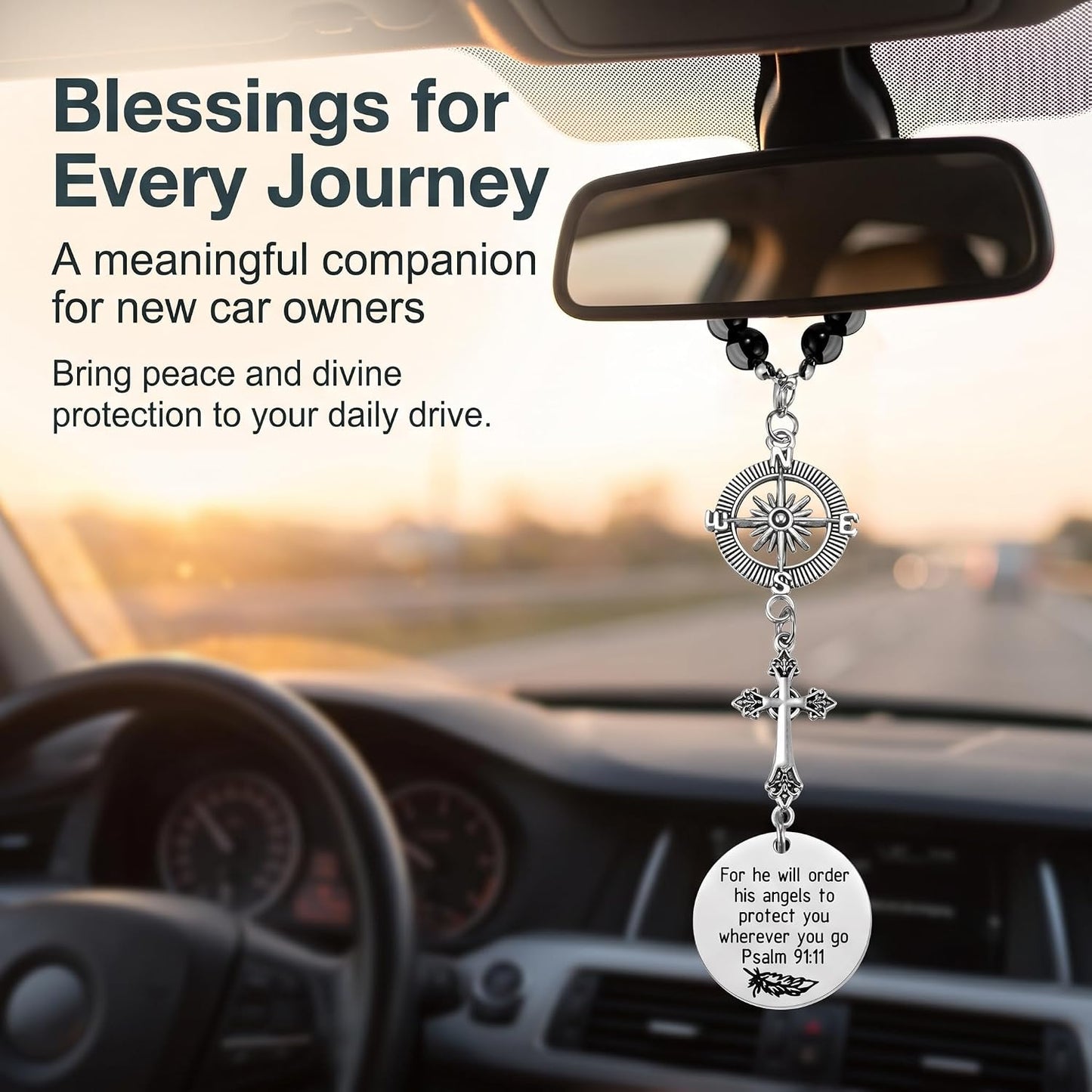 Cross Car Charm, Stainless Steel Rear View Mirror Hanging Ornament with Psalm 91:11, Christian Religious Pendant Decor, Universal for Most Cars SUVs Trucks (Silver)