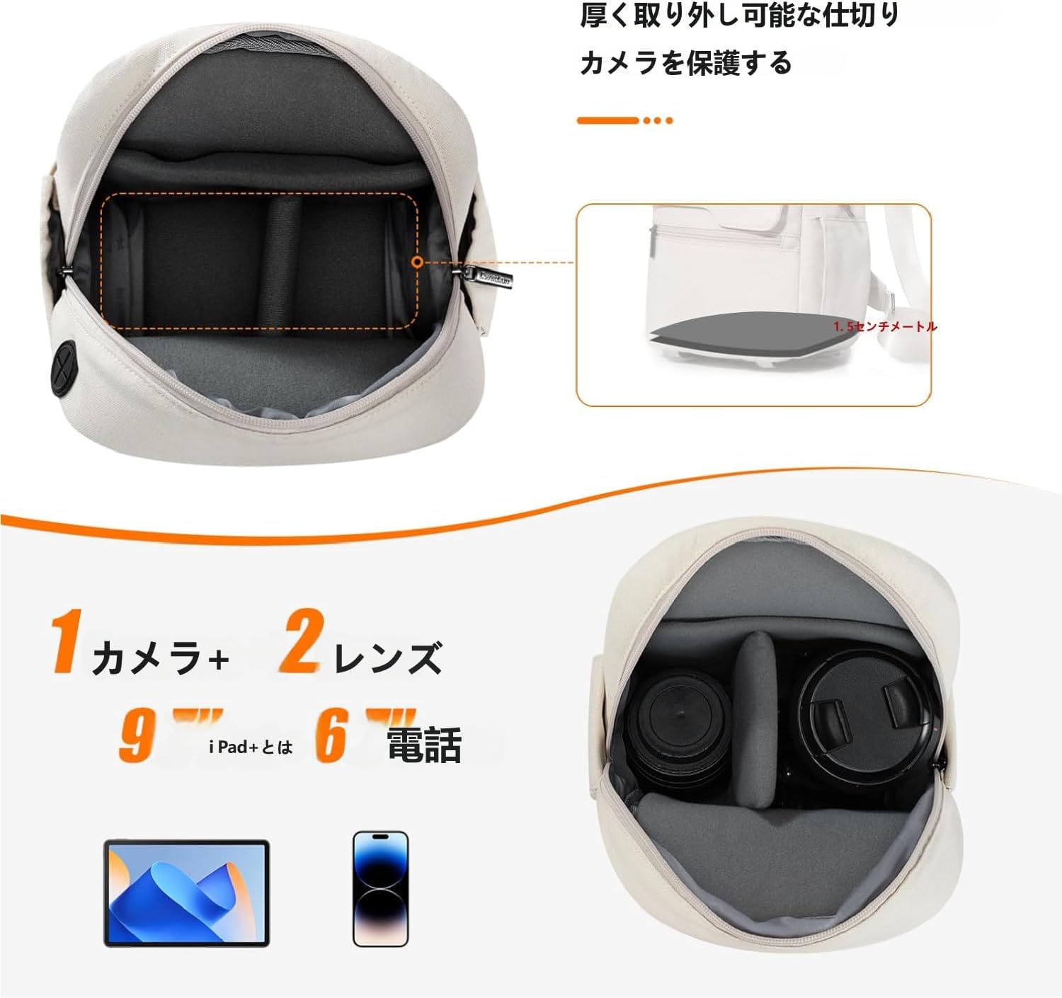 Camera Sling Bag Compact Large Camera Case, Waterproof Canvas Crossbody Camera Bag (with Rain Cover), Travel Photo Bag for Canon, Nikon, Sony, Fuji DSLR, Mirrorless Camera Lens, white, Lightweight and