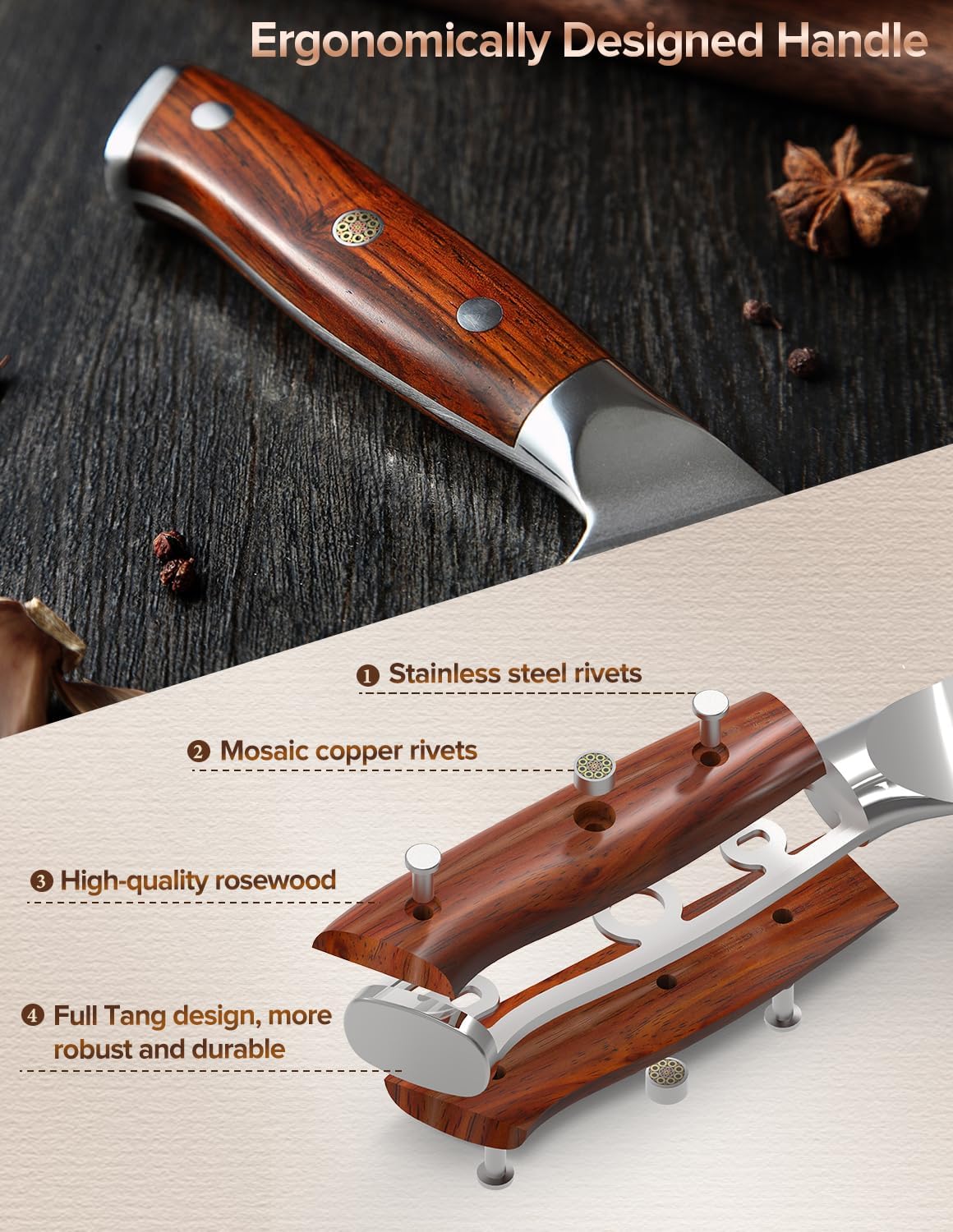 XINZUO Damascus Steel Santoku Knife 18cm Santoku Knife - Professional Chef Knife Multifunctional Kitchen Cooking Knife, Suitable for Cutting Meat, Vegetables and Fruits - Ergonomic Rose Wood Handle
