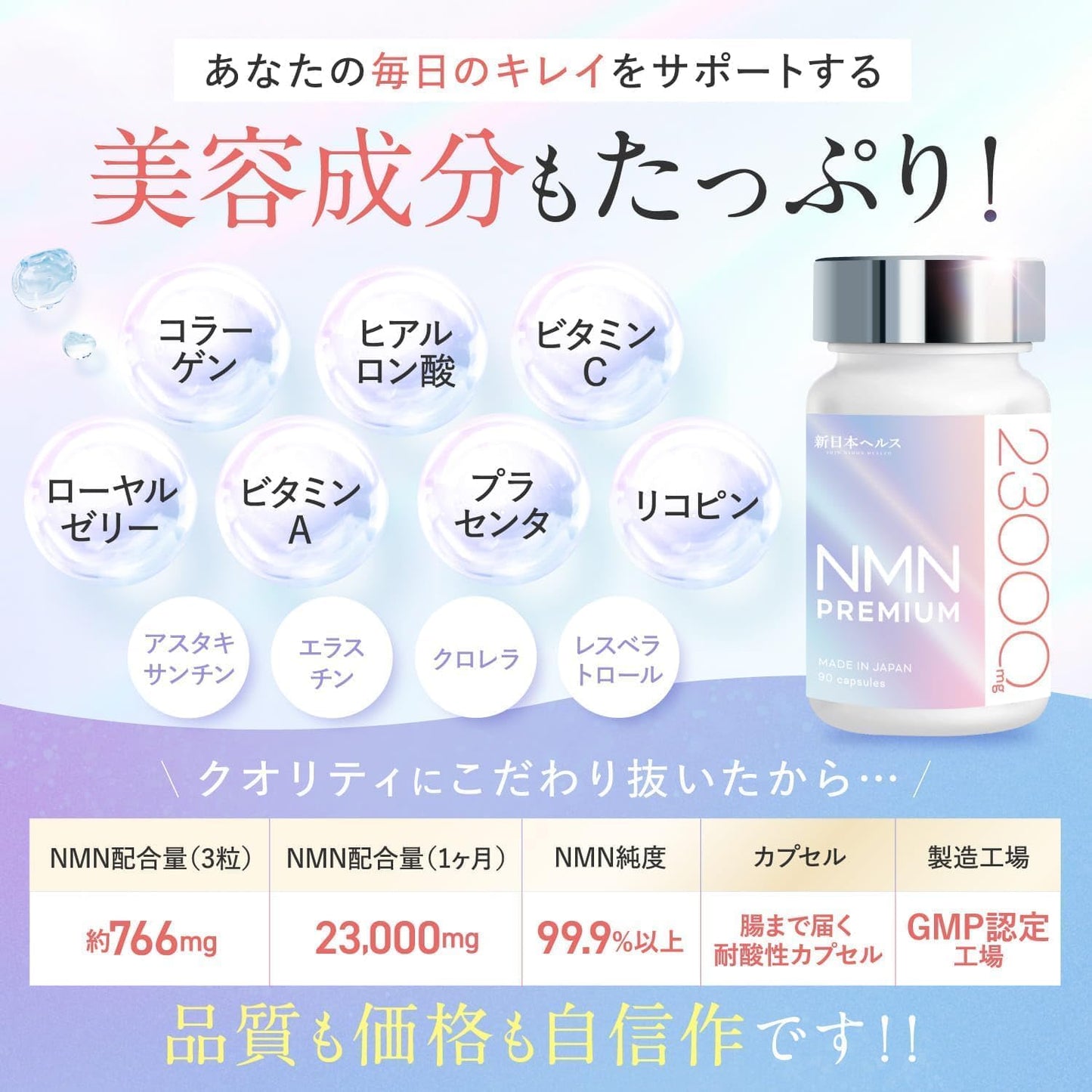 【医師監修】 NMN PREMIUM 23,000㎎ 日本製 高純度99.9% 腸まで届く耐酸性カプセル 1本90カプセル 約30日分 純度証明書 ビタミンC ヒアルロン酸 コラーゲン プラセンタ ローヤルゼリー ビタミンA リコピン アスタキサンチン エラスチン クロレラ サプリメント 国内GMP認定工場 新日本ヘルス (NMN23,000mg×2本)