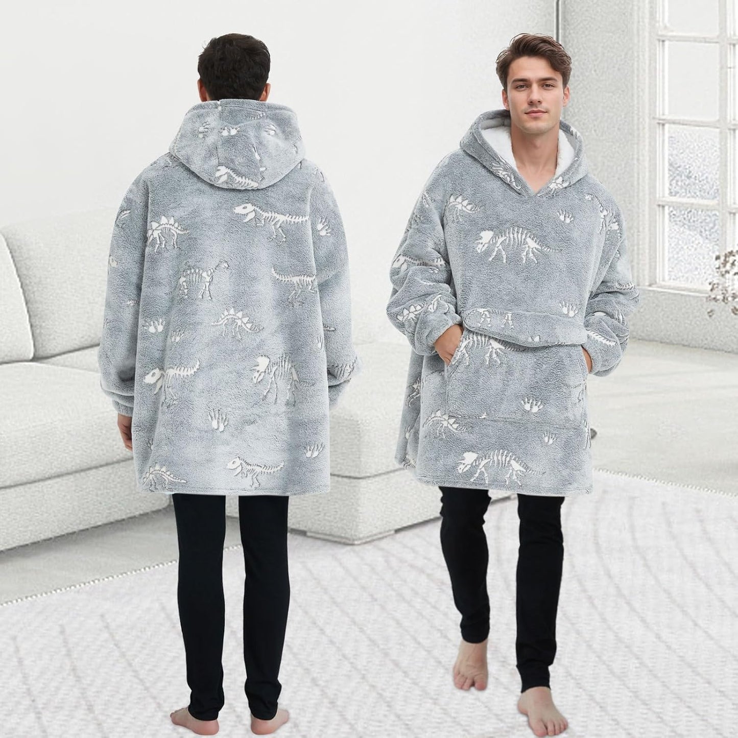 Mewkou - Manta con capucha de vestir para adultos, sudadera con capucha de forro polar sherpa de gran tamaño para mujeres y hombres, dinosaurio fósil que brilla en la oscuridad