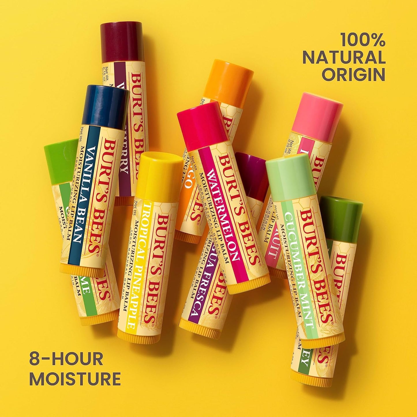 Burt's Bees Lip Balm, Beeswax, Strawberry, Coconut and Pear, and Vanilla Bean Pack, With Responsibly Sourced Beeswax, Tint-Free, Natural Lip Treatment, 0.15 oz., Four Tubes