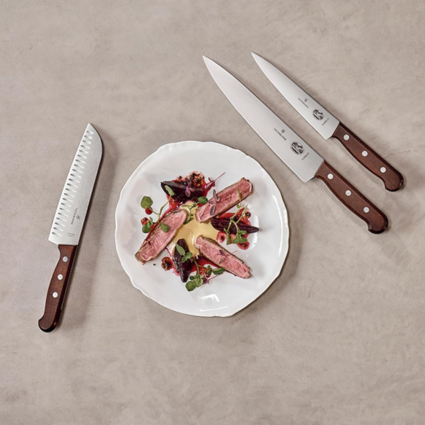 Victorinox 6.8520.17G Santoku Knife, Professional Grade Stainless Steel All-Purpose Knife, 6.7" (17 cm) Fluted, Wood, Versatile Knife for All Cooking Tasks