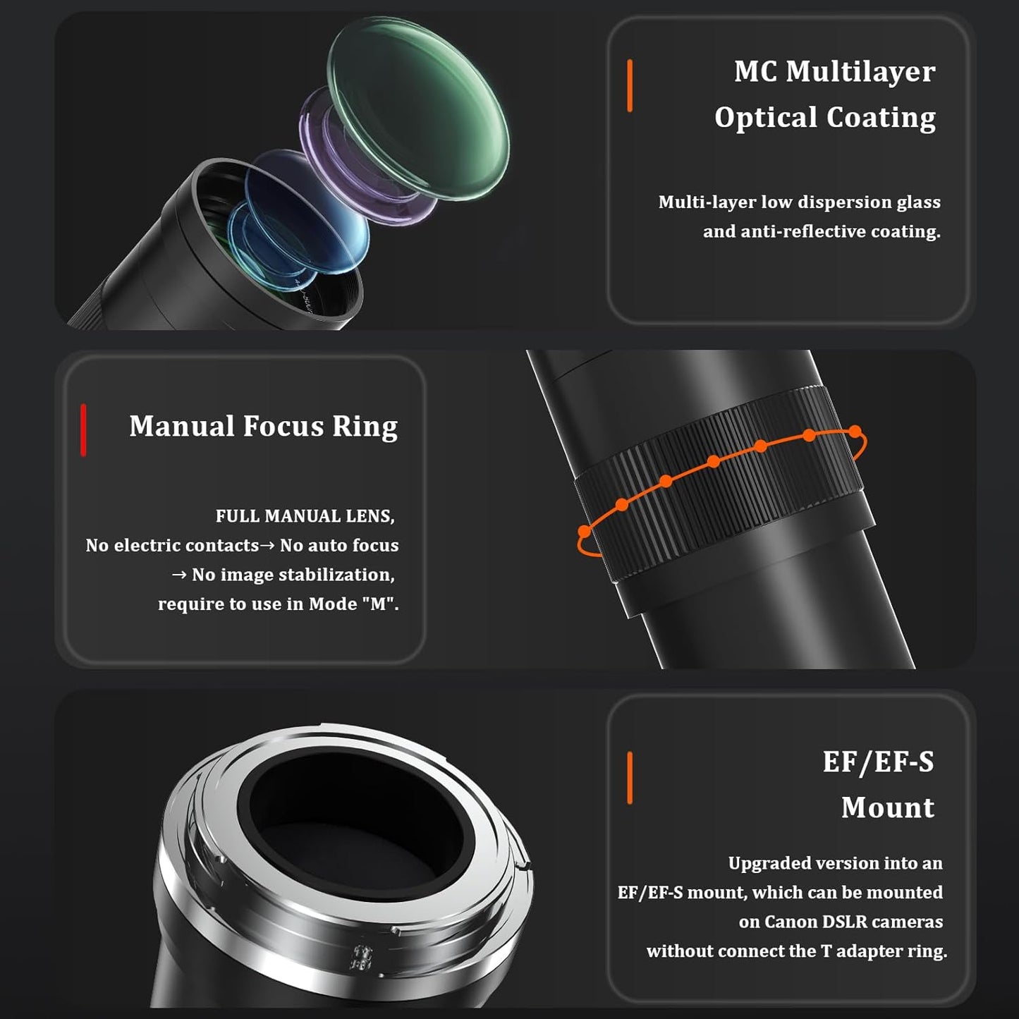 BENOISON Telephoto Lens - EF Lens for Canon DSLR 420-800mm Manual Focus MF Zoom Lens for Canon EOS Rebel SL3 SL2 SL1 T8i T7i T7 T6 4000D 1500D 90D 80D 77D 70D 60D 5D 1D DSLR Camera