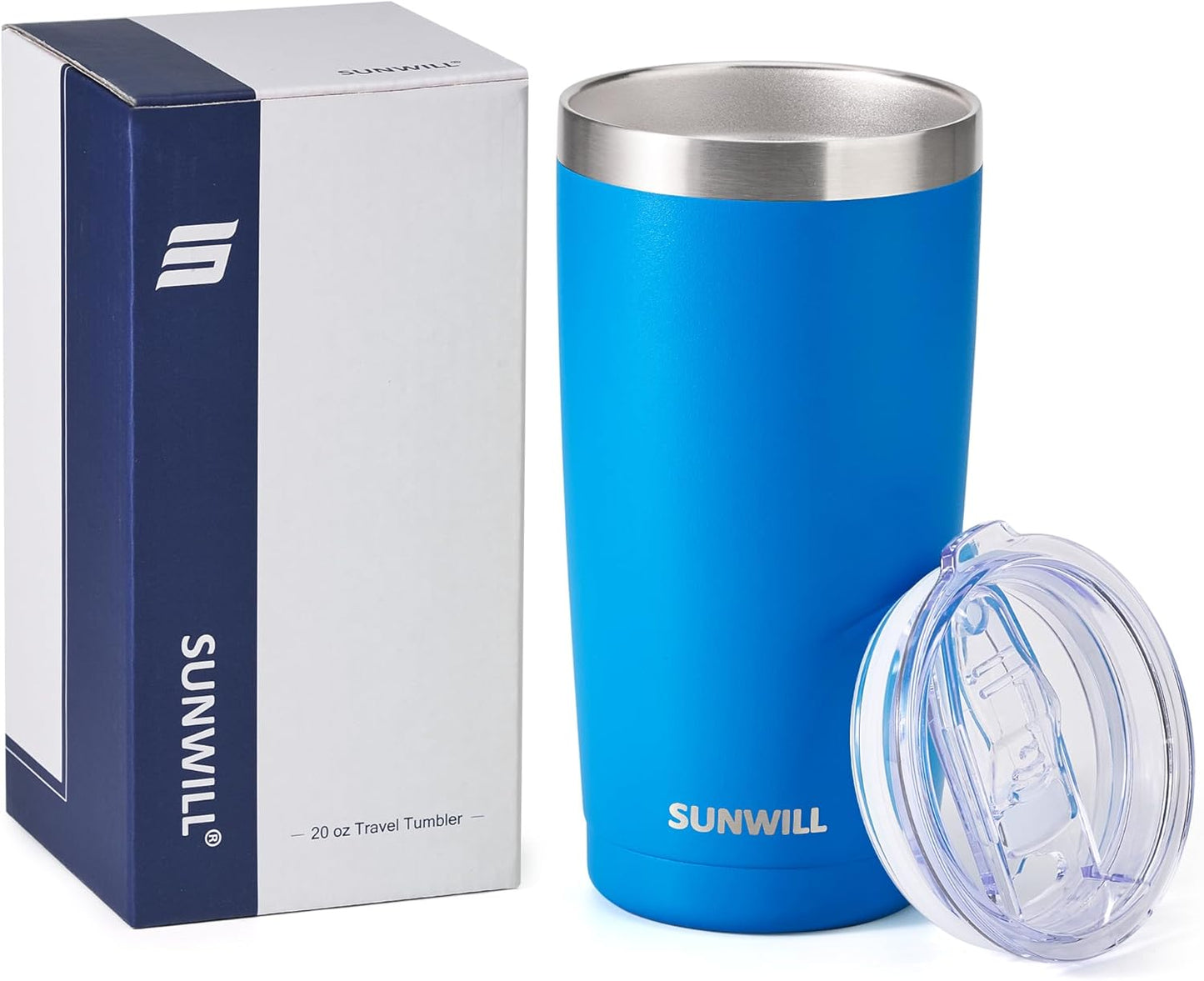 SUNWILL Vaso de café de viaje de 20 onzas, taza aislada con tapa, taza de acero inoxidable para exteriores, recubrimiento en polvo, color azul rey