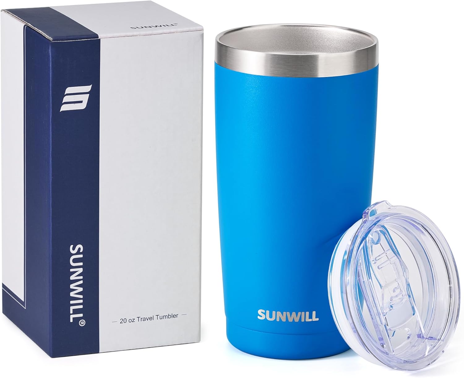 SUNWILL Vaso de café de viaje de 20 onzas, taza aislada con tapa, taza de acero inoxidable para exteriores, recubrimiento en polvo, color azul rey
