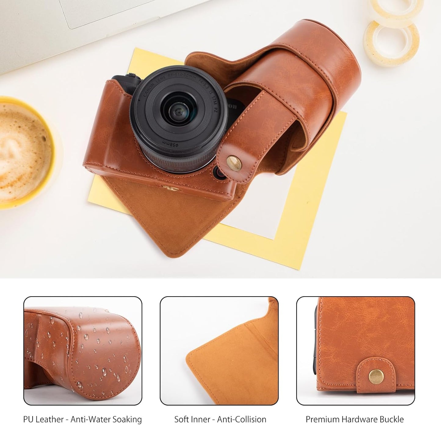 MUZIRI KINOKOO Case for Canon EOS R50 V Camera PU Leather Protective Cover for EOS R50 V/R50V Digital Camera with RF-S14-30mm Lens Detachable Carrying Case with Adjustable Shoulder Strap, Braun