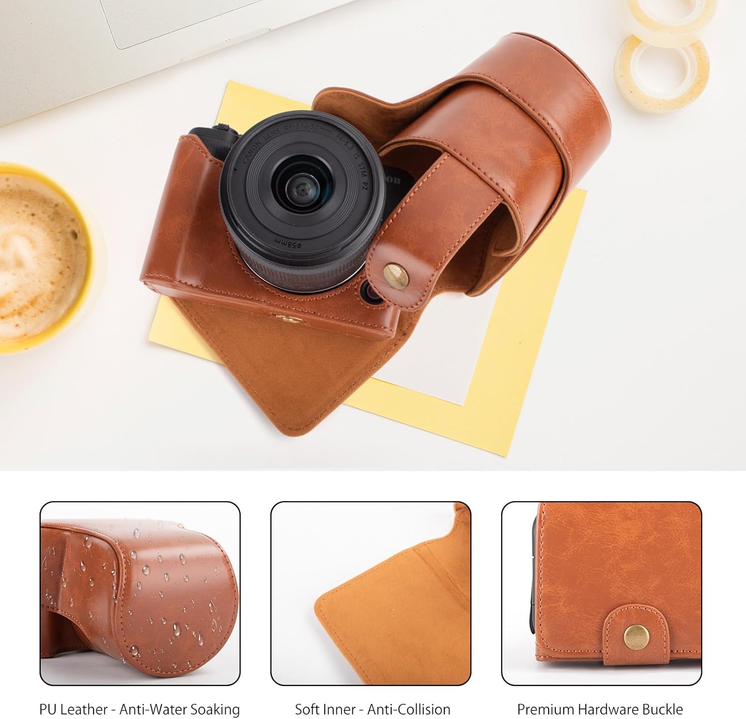 MUZIRI KINOKOO Case for Canon EOS R50 V Camera PU Leather Protective Cover for EOS R50 V/R50V Digital Camera with RF-S14-30mm Lens Detachable Carrying Case with Adjustable Shoulder Strap, Braun