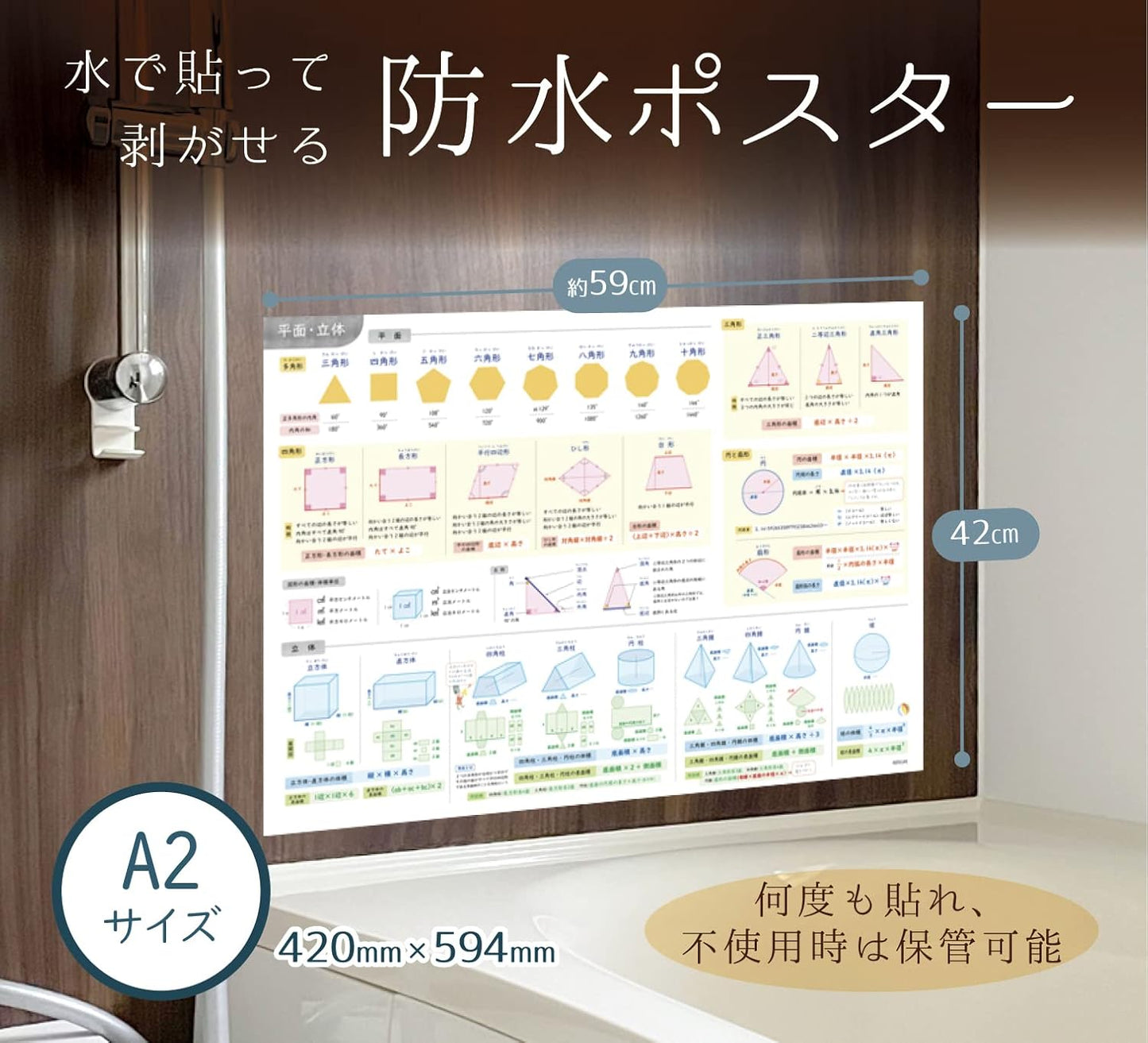 Master Math and Arithmetic for Elementary and Middle School Students (Fractions, Solids, Planes Basics) Bath Poster A2 Size (23.6 x 16.5 inches) NoteLife Waterproof (Set of 2)