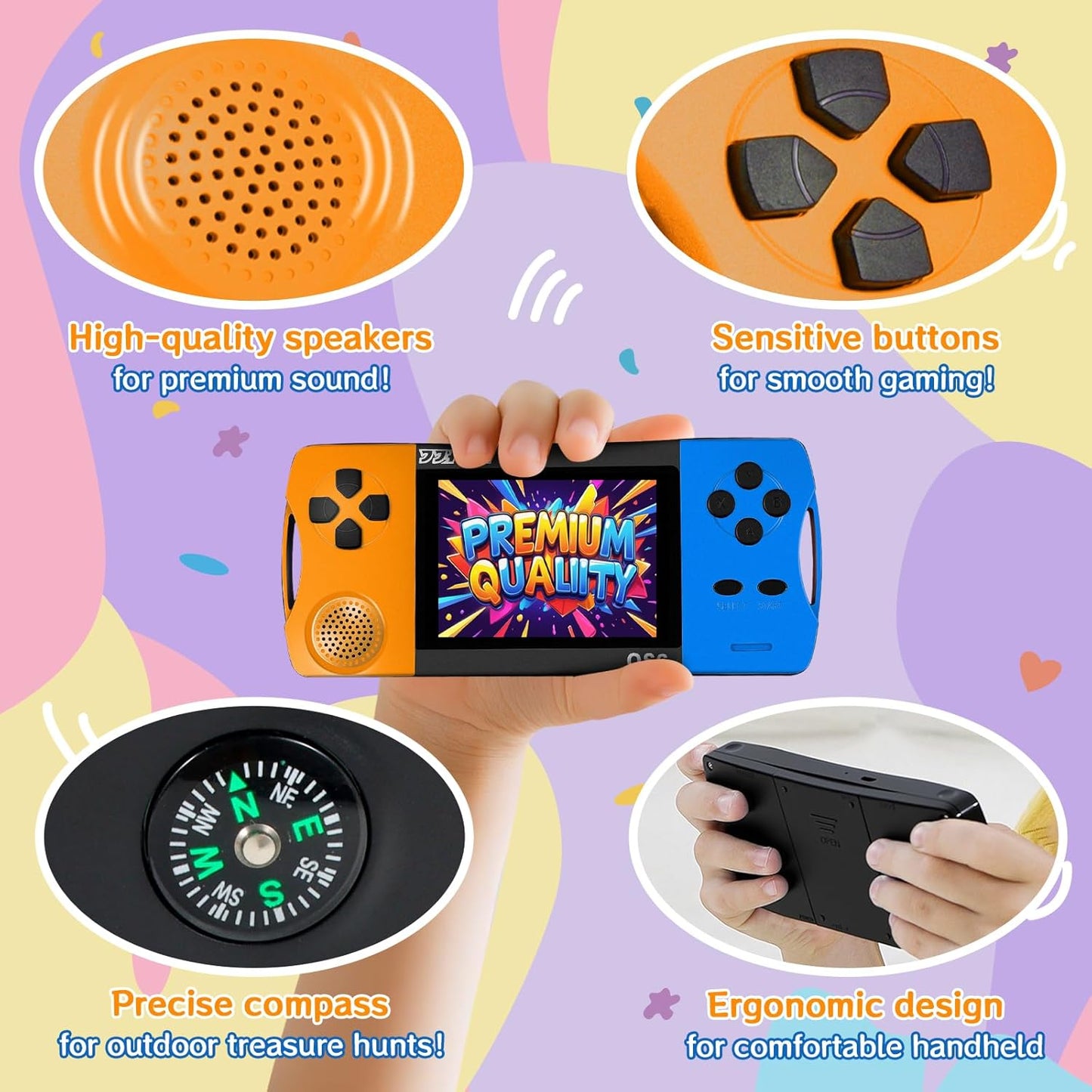 Portable Game Console for 6-12 Years Old, Built-in 216 16-bit Educational Games, 3.2-inch Screen, No WiFi Required, Instant Play, Rechargeable Lithium Battery, 4-6 Hours of Continuous Play, Puzzle