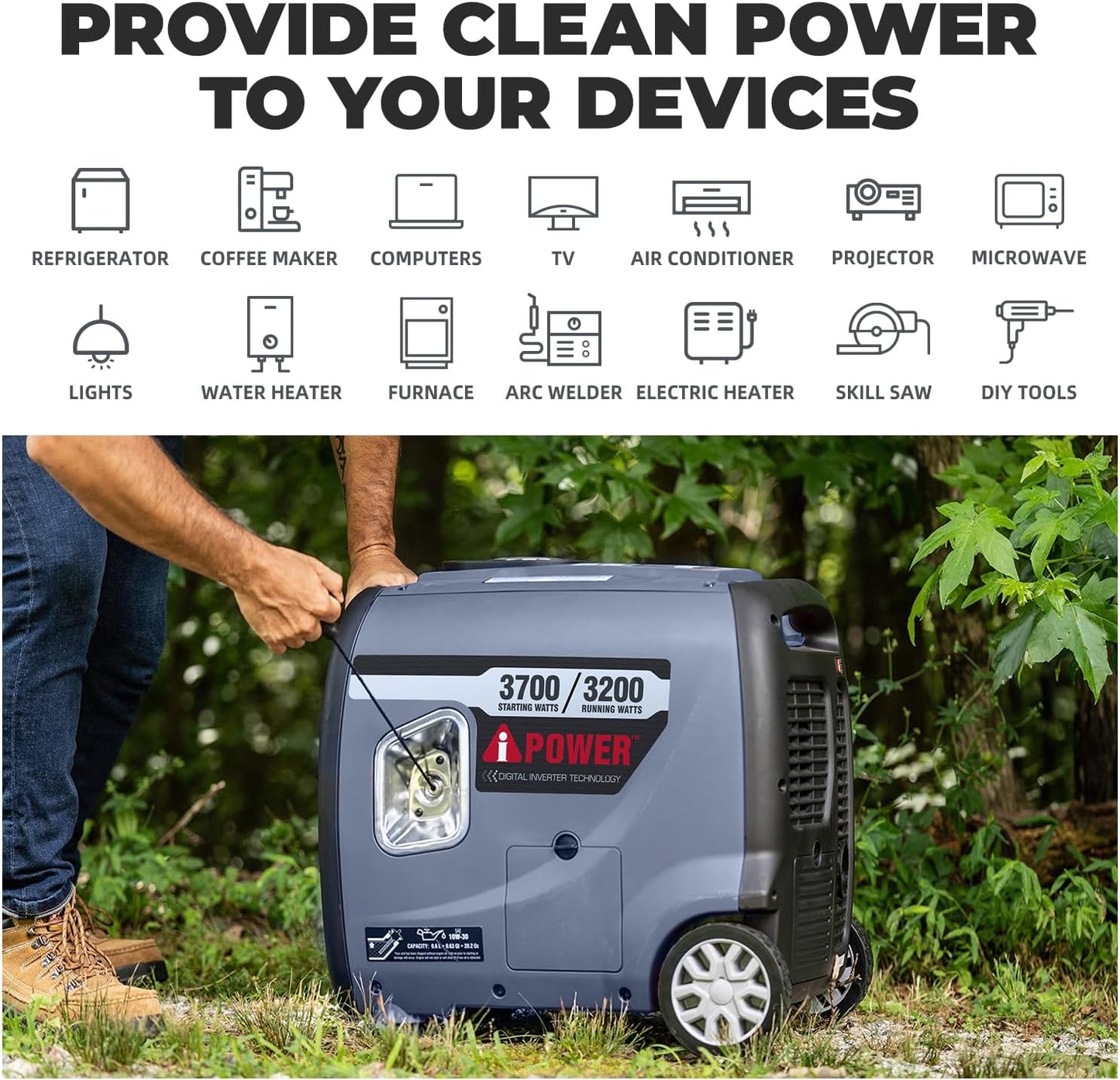 A-iPower Portable Inverter Generator 3700W RV Compatible, EPA Compliant Portable with Telescopic Handle, Home Backup, Tailgate & Camping (AP3700i)