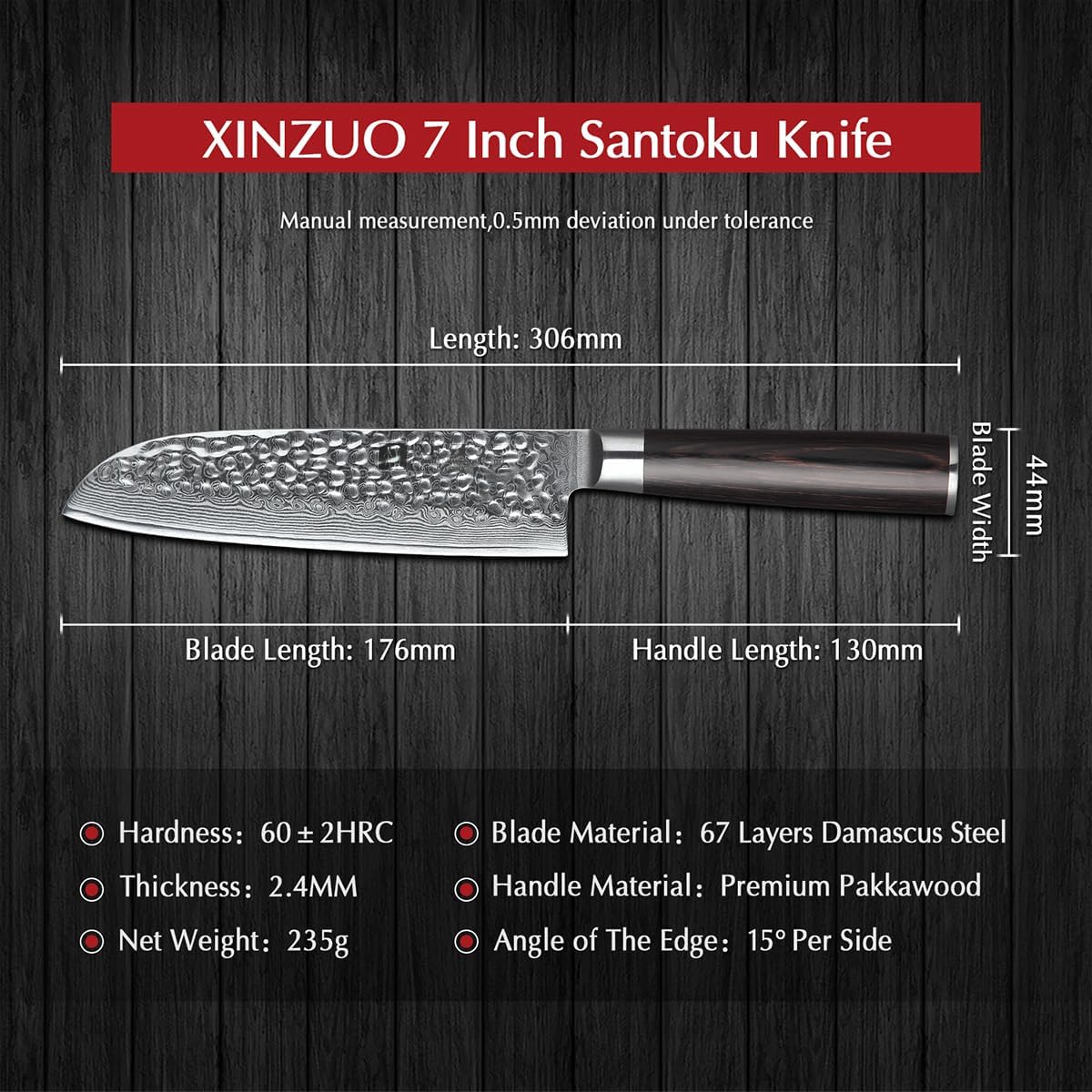 XINZUO Damascus Steel Santoku Knife - 67-Layer Damascus Steel 17.6cm Santoku Chef Knife, Professional Kitchen Cooking Knife, Suitable for Cutting Meat, Vegetables, and Fruits - Ergonomic Pakka Wood