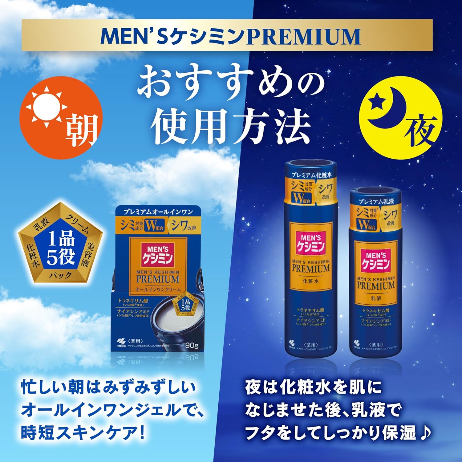 [Official] Men's Keshimin [Kobayashi Pharmaceutical] Premium Milky Lotion, Wrinkle Improvement, Freckle Prevention, Niacinamide and Tranexamic Acid, Formulated with Medicated Quasi-Drug, 4.3 fl oz