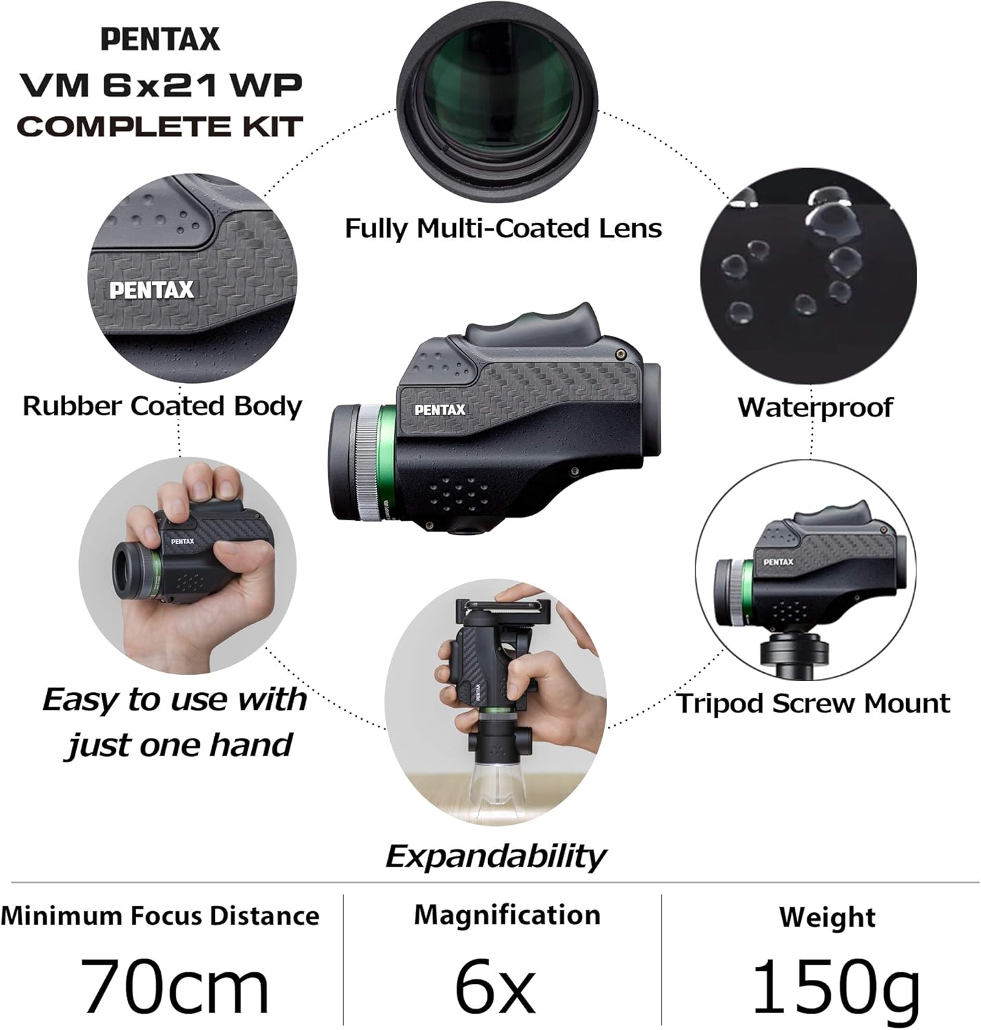 PENTAX 単眼鏡 VM 6x21 WP コンプリートキット 専用スマートフォンアダプターとマクロスタンド、光学性能に優れた明るくクリアな6倍倍率単眼鏡が付属しています。