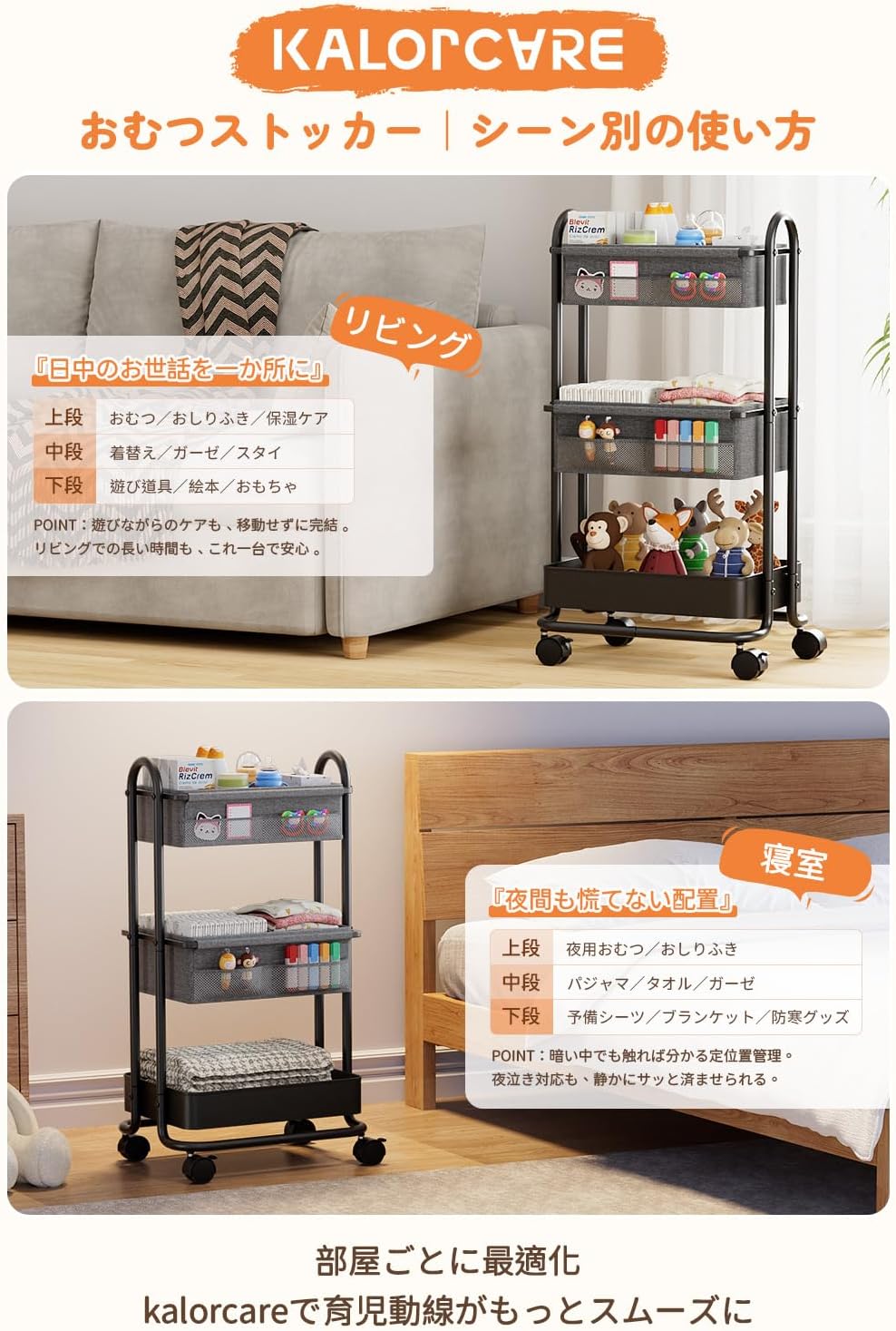 Diaper Stocker, Baby Supplies, Storage Wagon, 3 Tiers, With Casters, For Labor Preparation, Baby Supplies, Diaper Bag Organization, Includes Removable Dividers, Convenient to Move