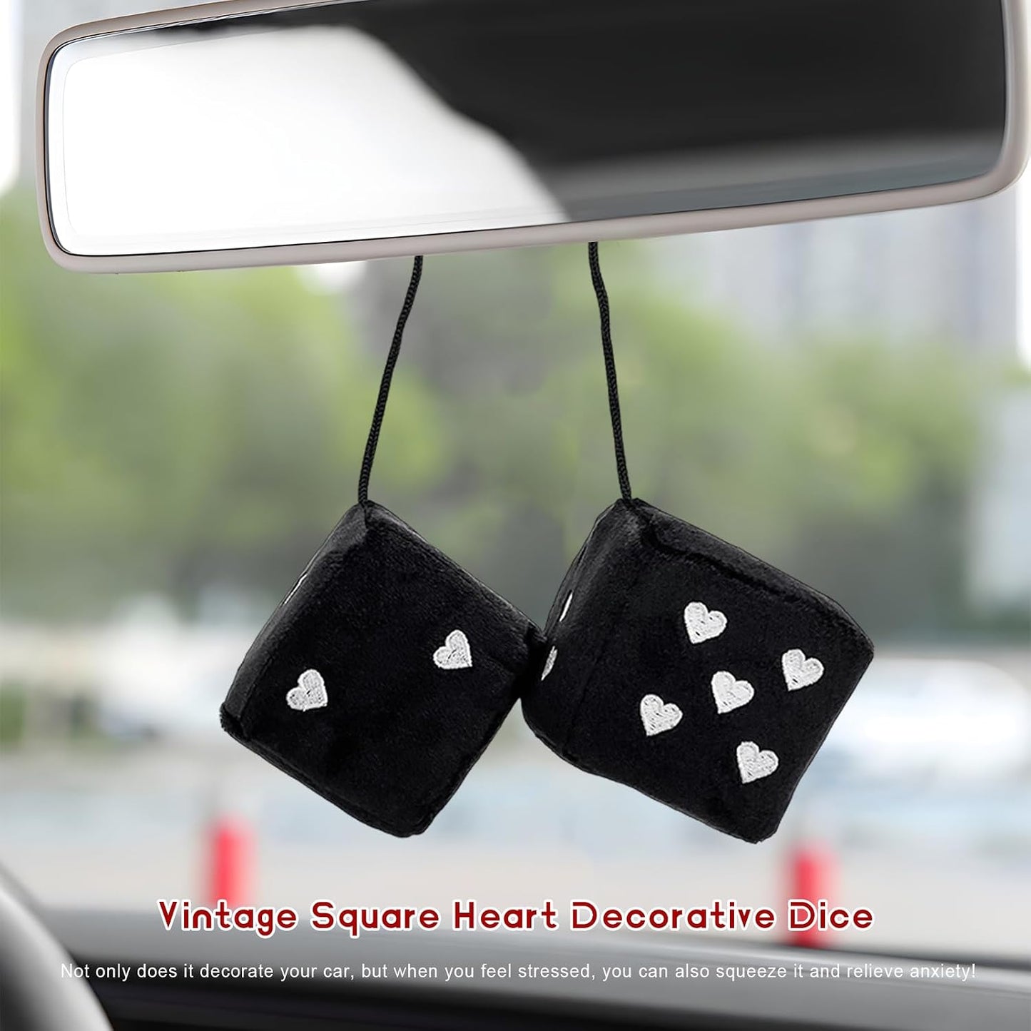Par de dados de felpa mullidos para espejo de automóvil, dados de 3 pulgadas para colgar de pareja con patrón de forma de corazón, adorno cuadrado retro para espejo retrovisor para mujeres y