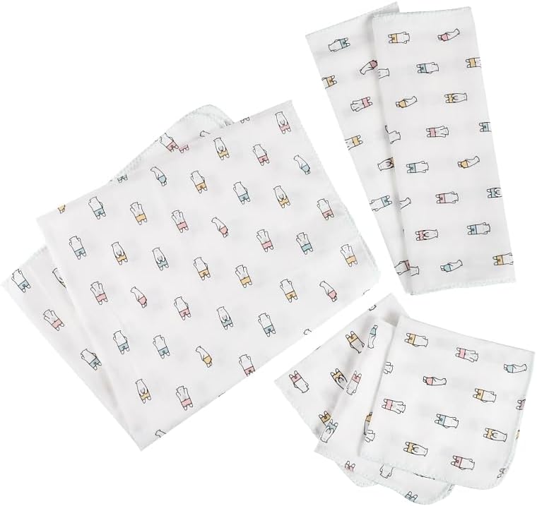 Isamu Shokai 100% Cotton, Made in Japan, Gauze Bath 6 Piece Set (Gauze Bath Towel, 2 Bath Gauze, 3 Gauze Handkerchiefs) White Bear Land Pattern
