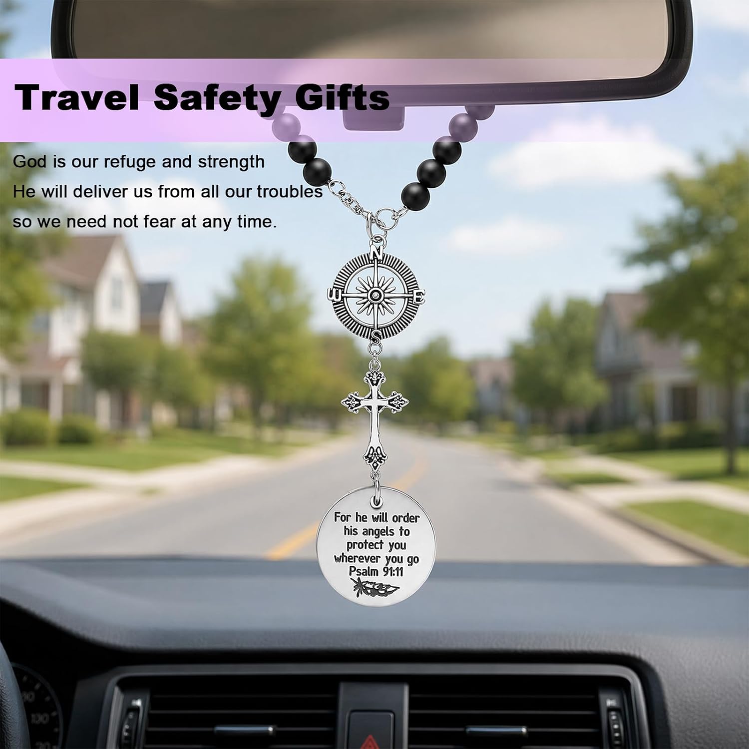 Cross Car Charm, Religious Bible Verse Auto Rear View Mirror Pendant, Psalm 91:11 Christian Rear View Mirror Hanging Ornament Cross Charm for Most Vehicles, Car Accessories