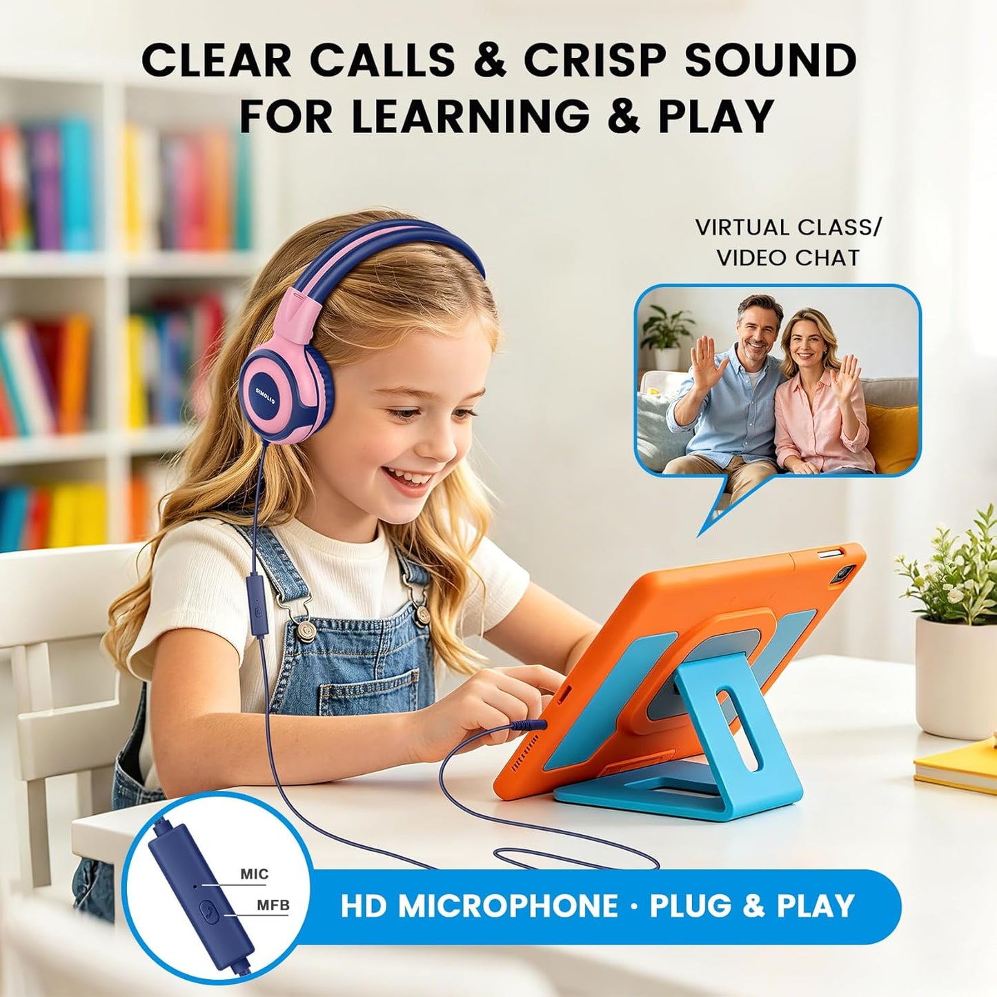 SIMOLIO Kids Headphones with Sharing Port Microphone Volume Limit for Children/Boys/Girls/Youth Wired Headphones with 3.5mm Stereo Plug for iPhone/iPad/Kindle/Tablet/Nintendo Switch School/Travel