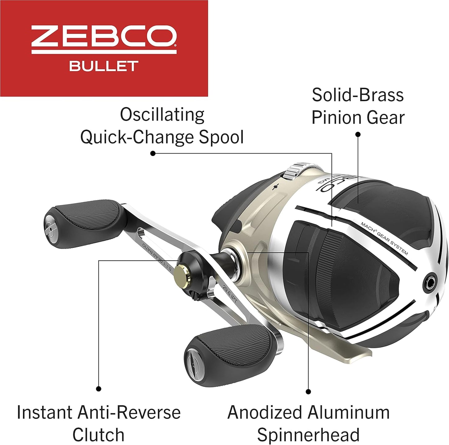 Zebco Bullet MG Spincast Fishing Reel Size 30 Reel Ultra Light Magnesium Body Right or Left Handed Changeable Extra Large Non-Slip Handle Knob Dark Silver Clam Package