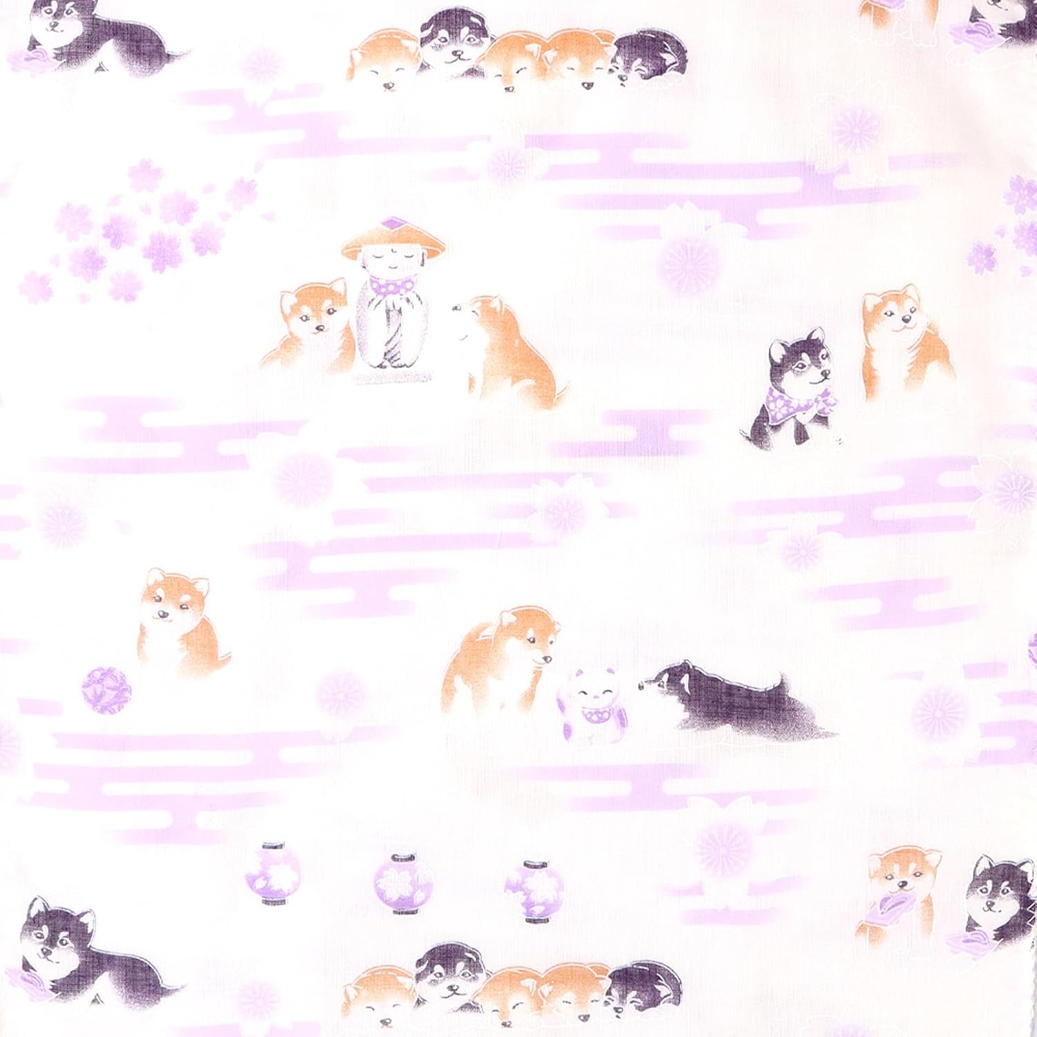 Cluster Japanese Tenugui, Double Layer, Japanese Bleached Gauze, Anti-fraying Treatment, Mameshiba (Lavender) and Hanaraman Pattern, Set of 3