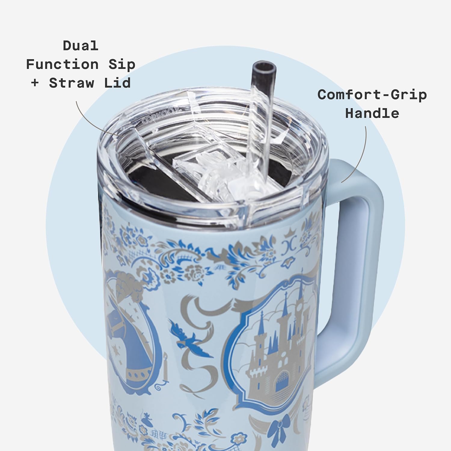 Corkcicle Cruiser Vaso Térmico Aislado con Asa y Pajita - Mantiene las Bebidas Frías 20 Horas - Triple Aislamiento - Regalo de Bebidas de Verano - Mantiene las Bebidas Heladas - 40 oz - Princesa