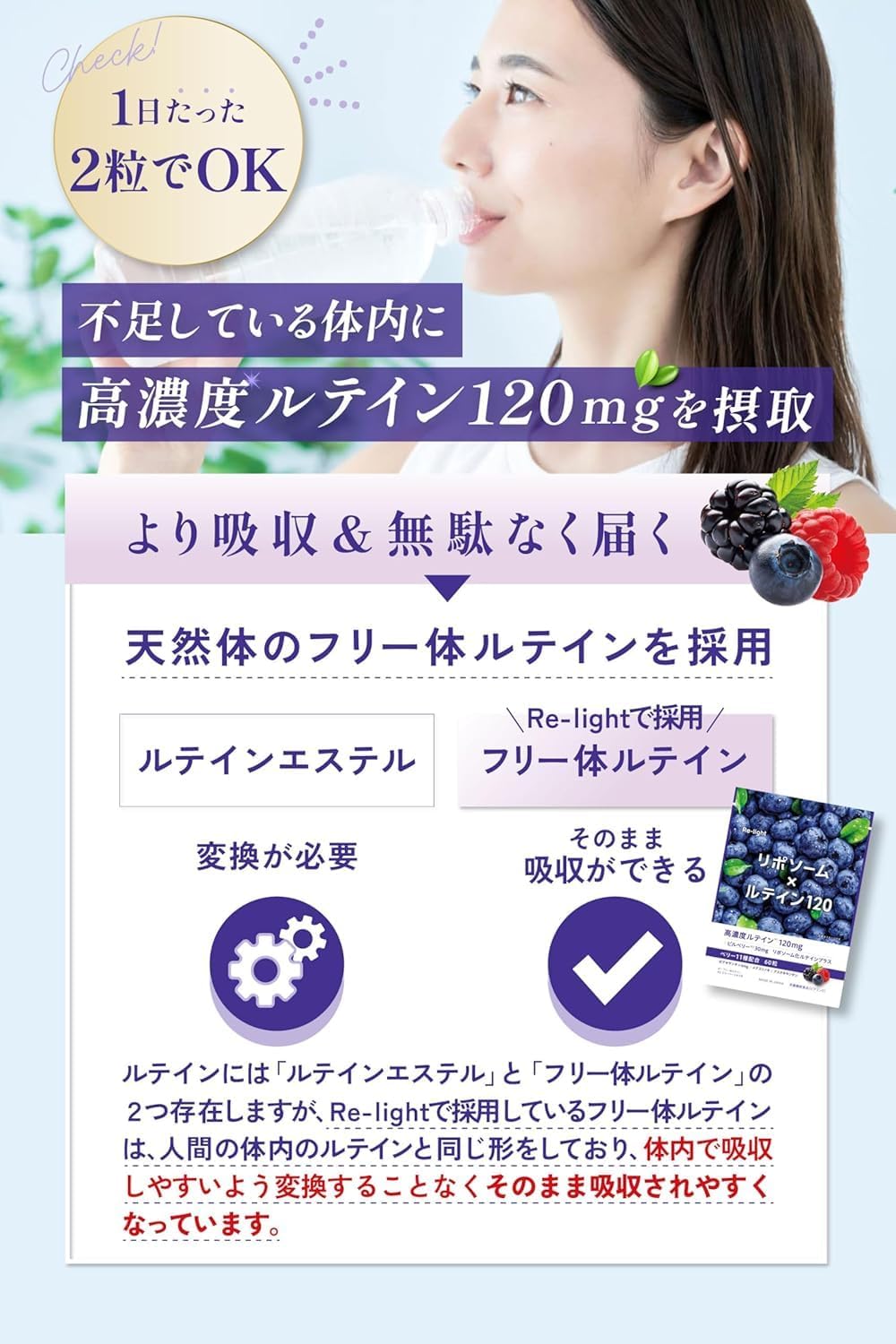 【たっぷりベリー11種配合】 Re-light ルテイン 3600mg リポソーム サプリメント サプリ 目 ブルーベリー ビルベリー 高濃度 高吸収 60粒 30~60日分 GMP認定工場 国内製造 栄養機能食品 2個セット