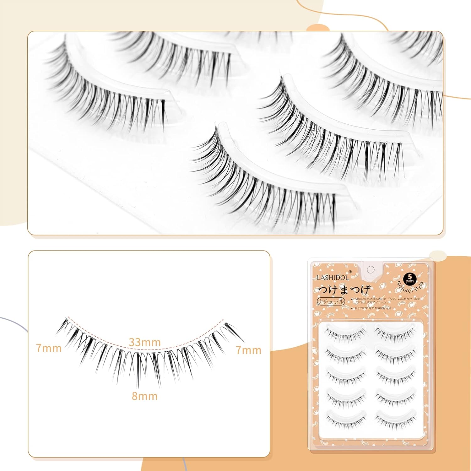 Lashidol False Eyelashes, Natural, Transparent Base, Handmade, DIY at Home, For Daily Makeup, 5 Pairs (Sweet Idol)