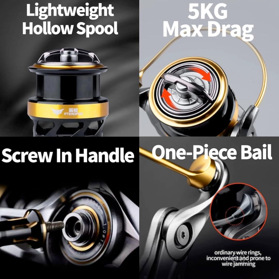 Fi's+7 Spinning Reel, Carbon Fiber Body, Lightweight Model, 1000, 1500, 2000, Various Light Games, Screw-in Handles, Bearings, 6+1, Gear Ratio, 5.2:1, Maximum Drag Force, 11.0 lbs (5 kg), Aging